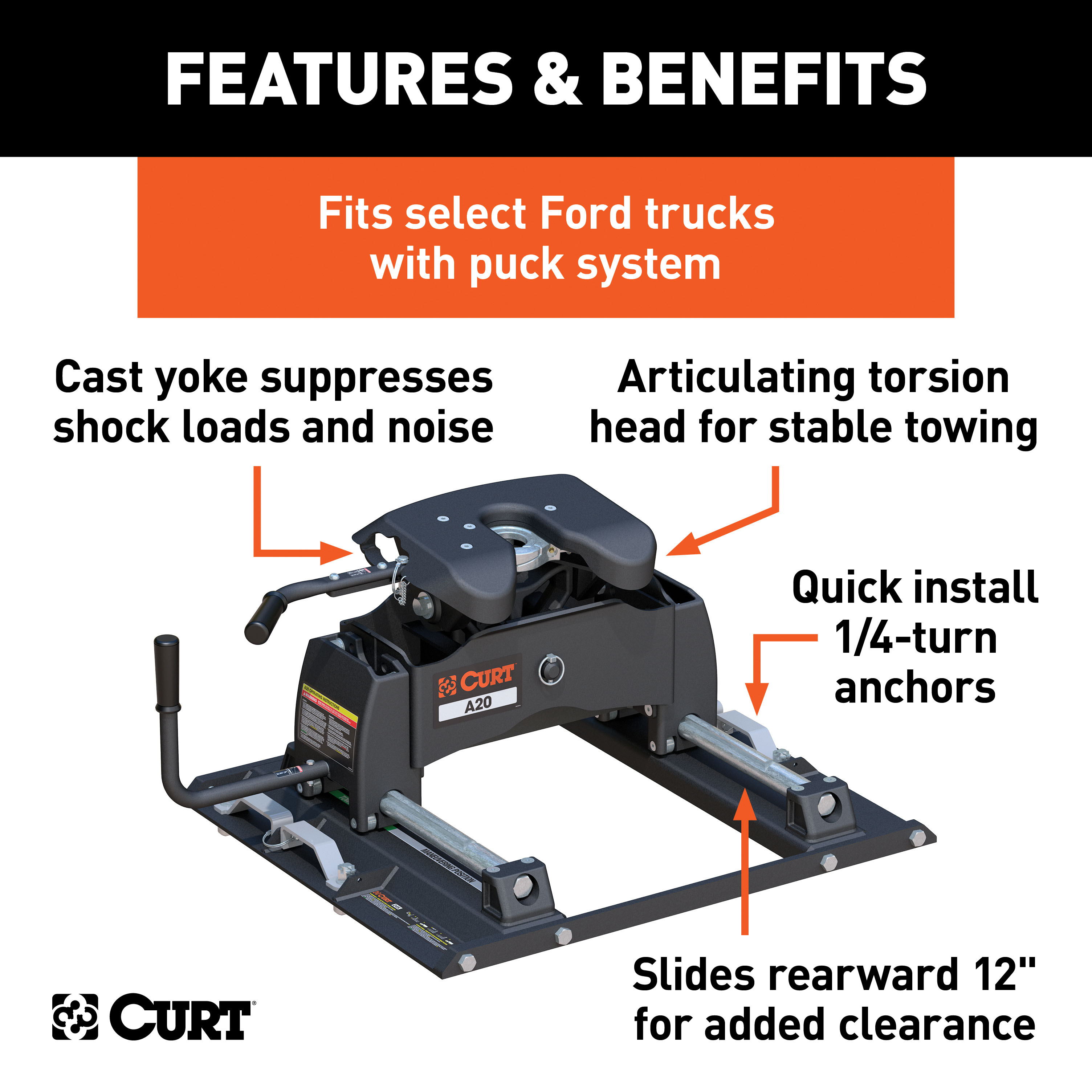 CURT 20K, A20 Sliding 5th Wheel Hitch, Select Ford F250, F350, F450, 6.75' Bed Puck System  thumbnail 1