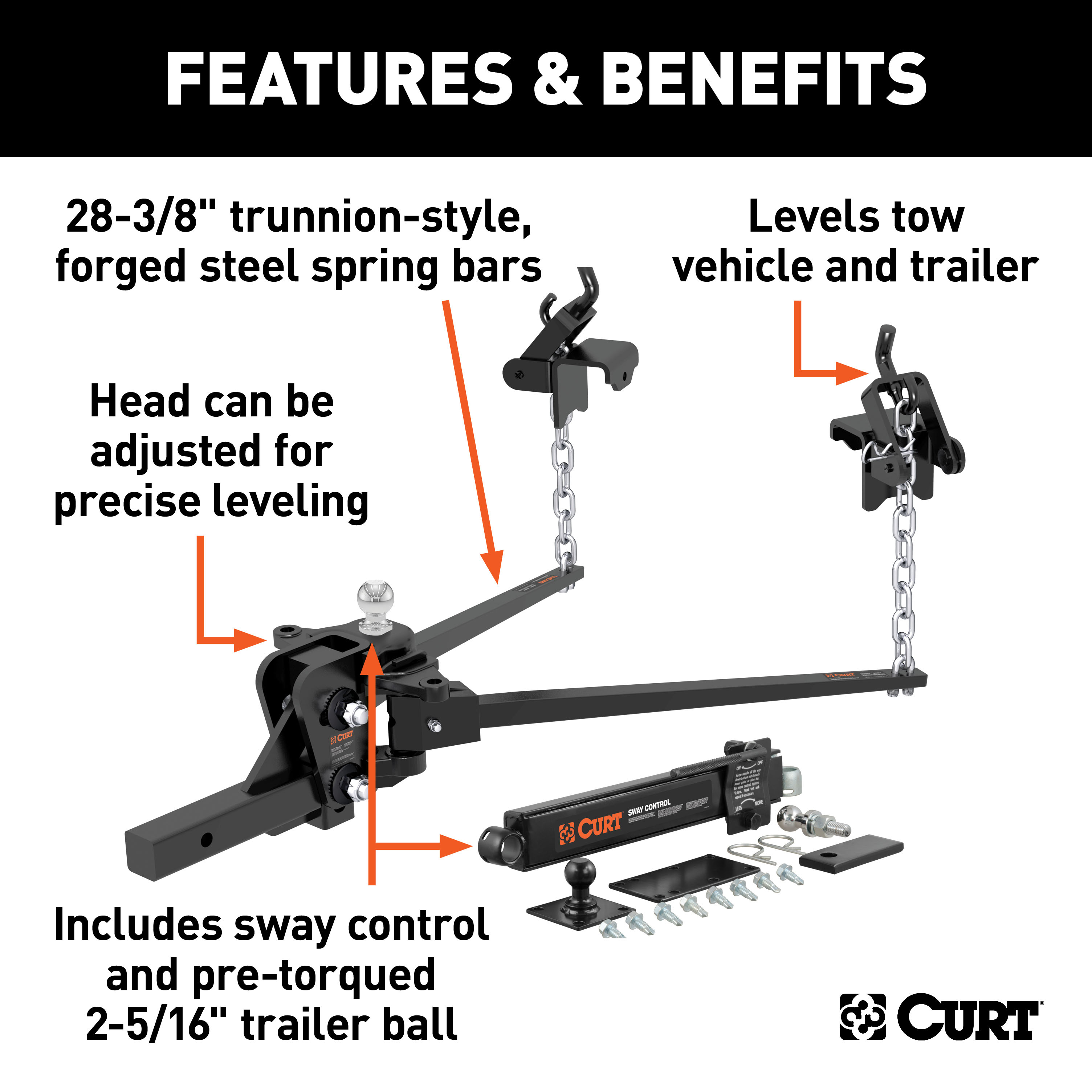 CURT l (8-10K, 28-3/8") Short Trunnion Bar Weight Distribution Hitch with Sway Control thumbnail 2