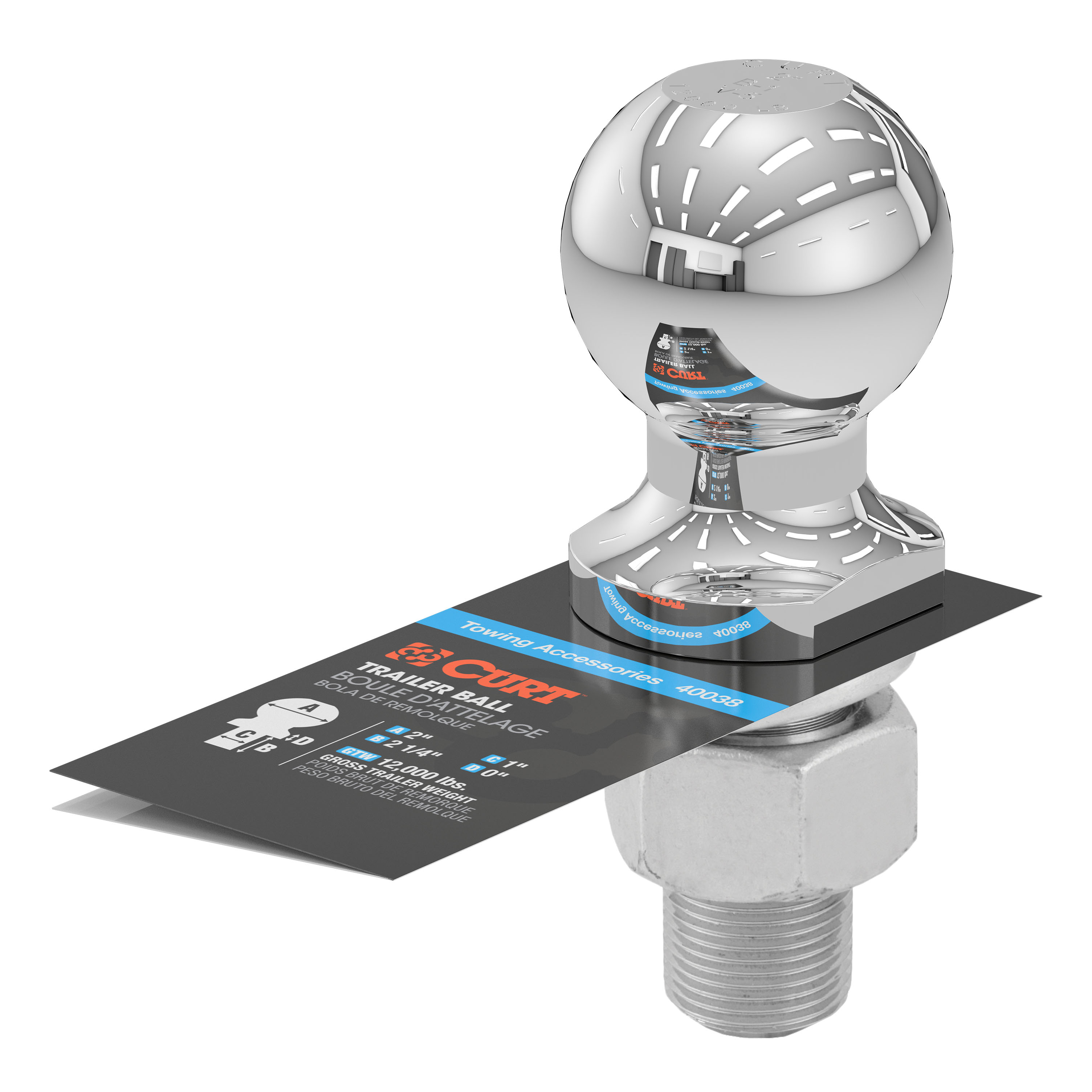 CURT 2" Trailer Ball (1" x 2-1/4" Shank, 12,000 lbs., Chrome) Trailer Hitch Ball thumbnail 2