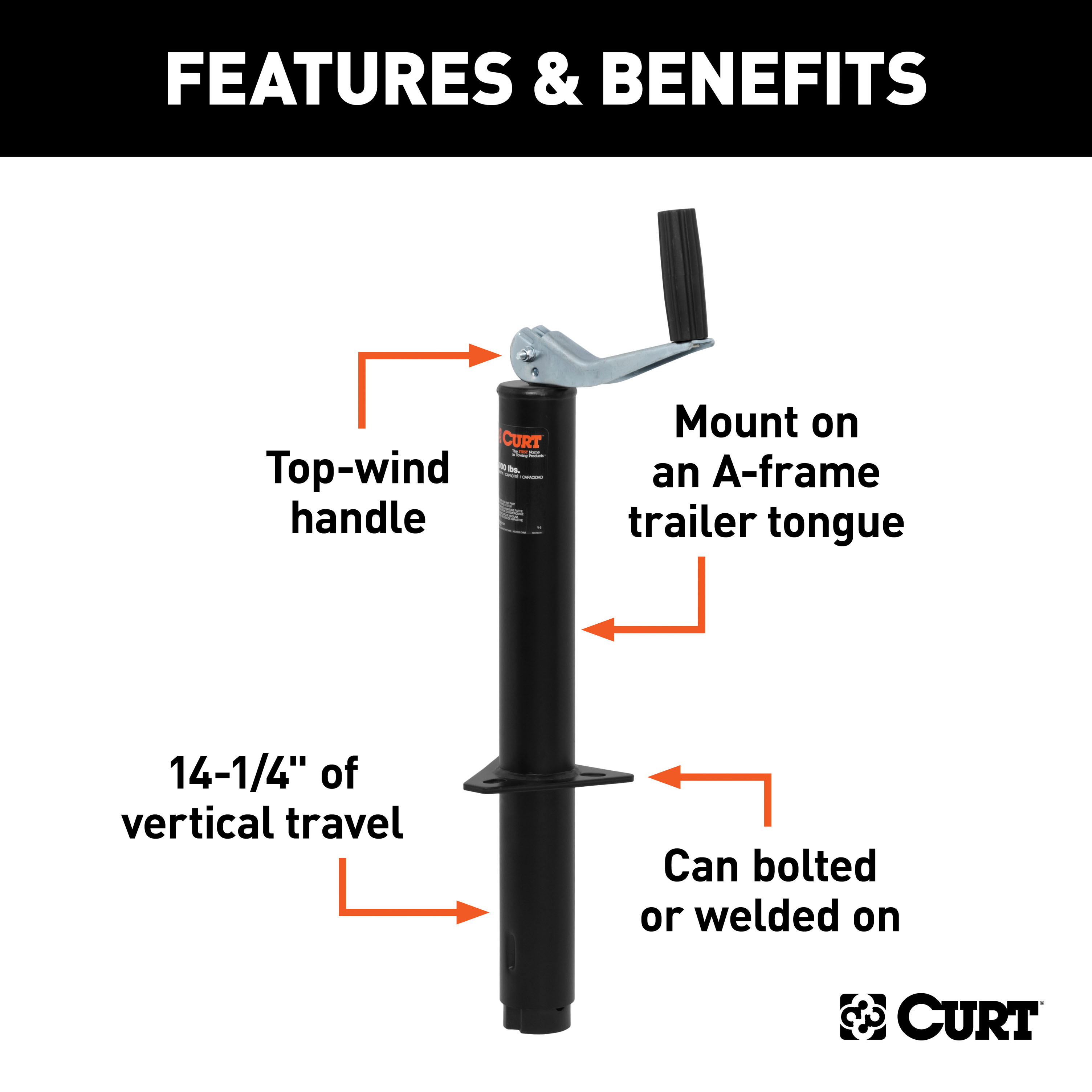 CURT A-Frame Jack with Top Handle (2,000 lbs, 14" Travel) Trailer Jack thumbnail 1