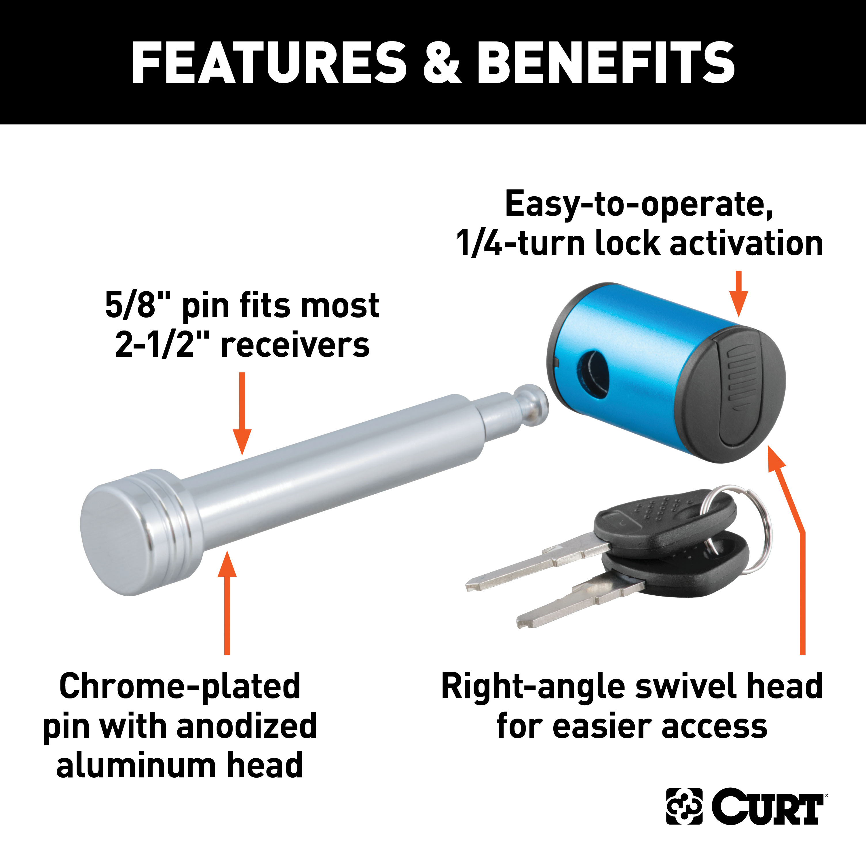 CURT 5/8" Hitch Lock (2" or 2-1/2" Receiver, Right-Angle, Chrome) Trailer Hitch Lock thumbnail 1