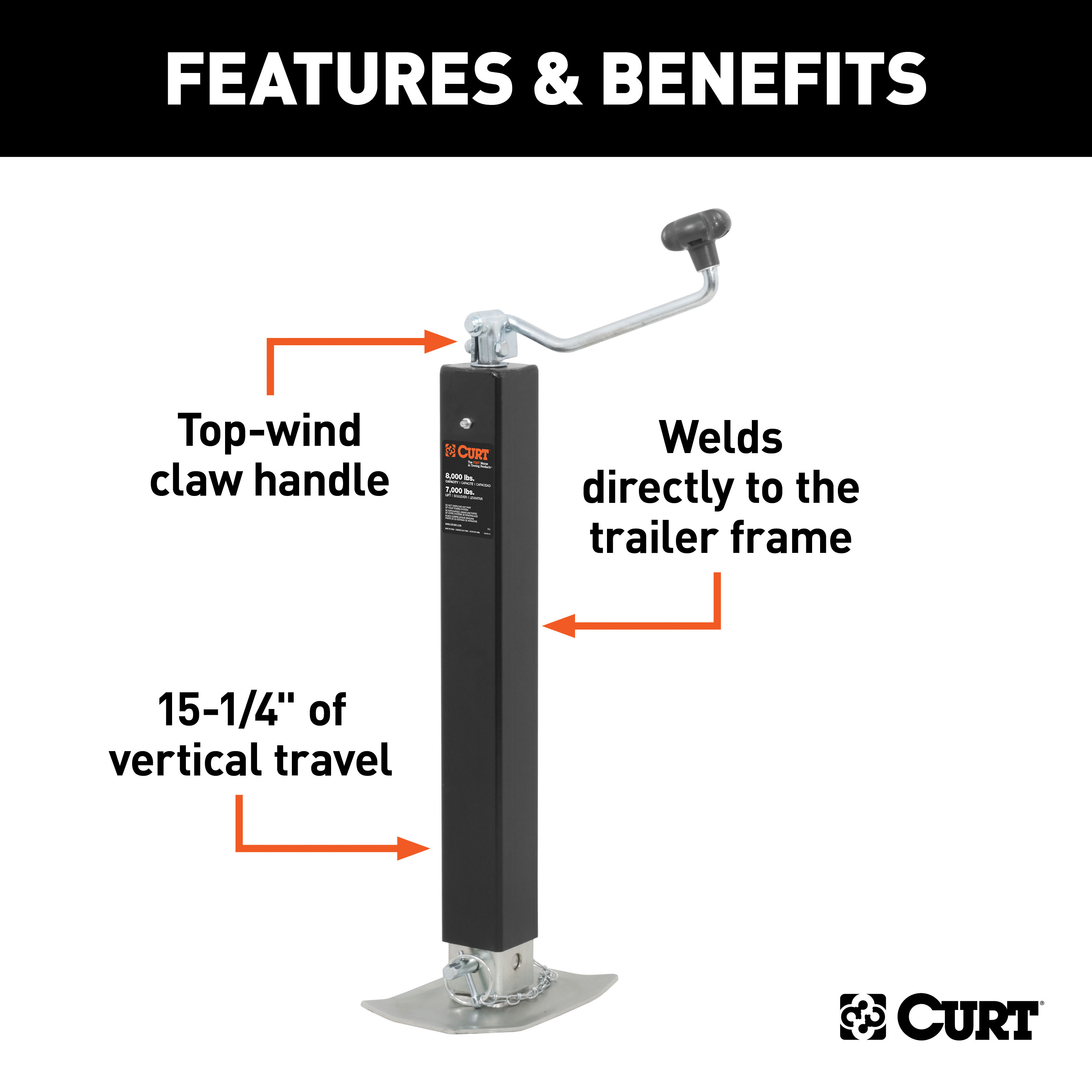 CURT Direct-Weld Square Jack with Top Handle (8,000 lbs, 15" Travel) Trailer Jack thumbnail 1