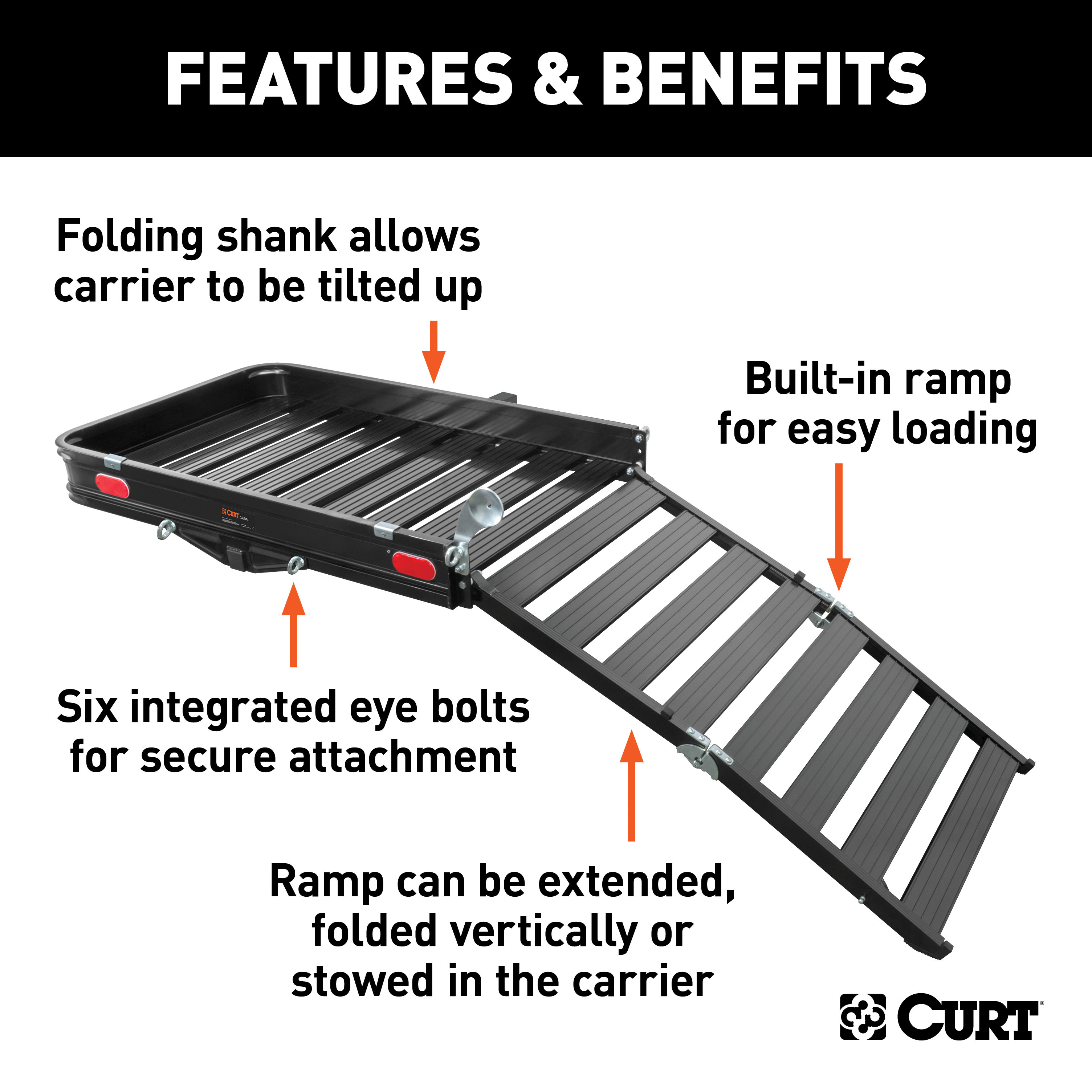 CURT 50" x 30" Black Aluminum Hitch Cargo Carrier with Ramp (Folding 2" Shank) Cargo Carrier thumbnail 3