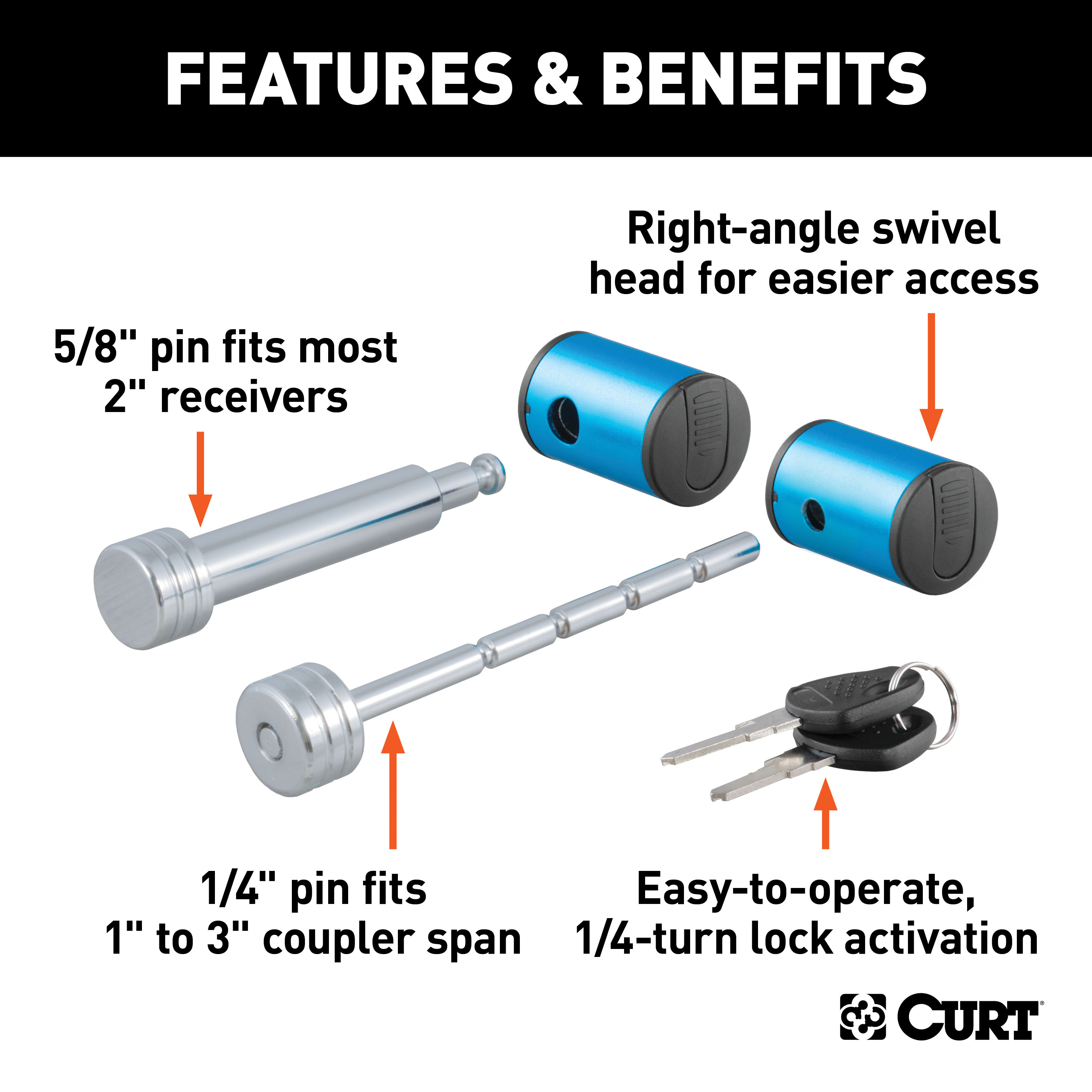 CURT Right-Angle Hitch & Coupler Lock Set (2" Receiver, 1" to 3" Latch) Trailer Hitch Lock thumbnail 2