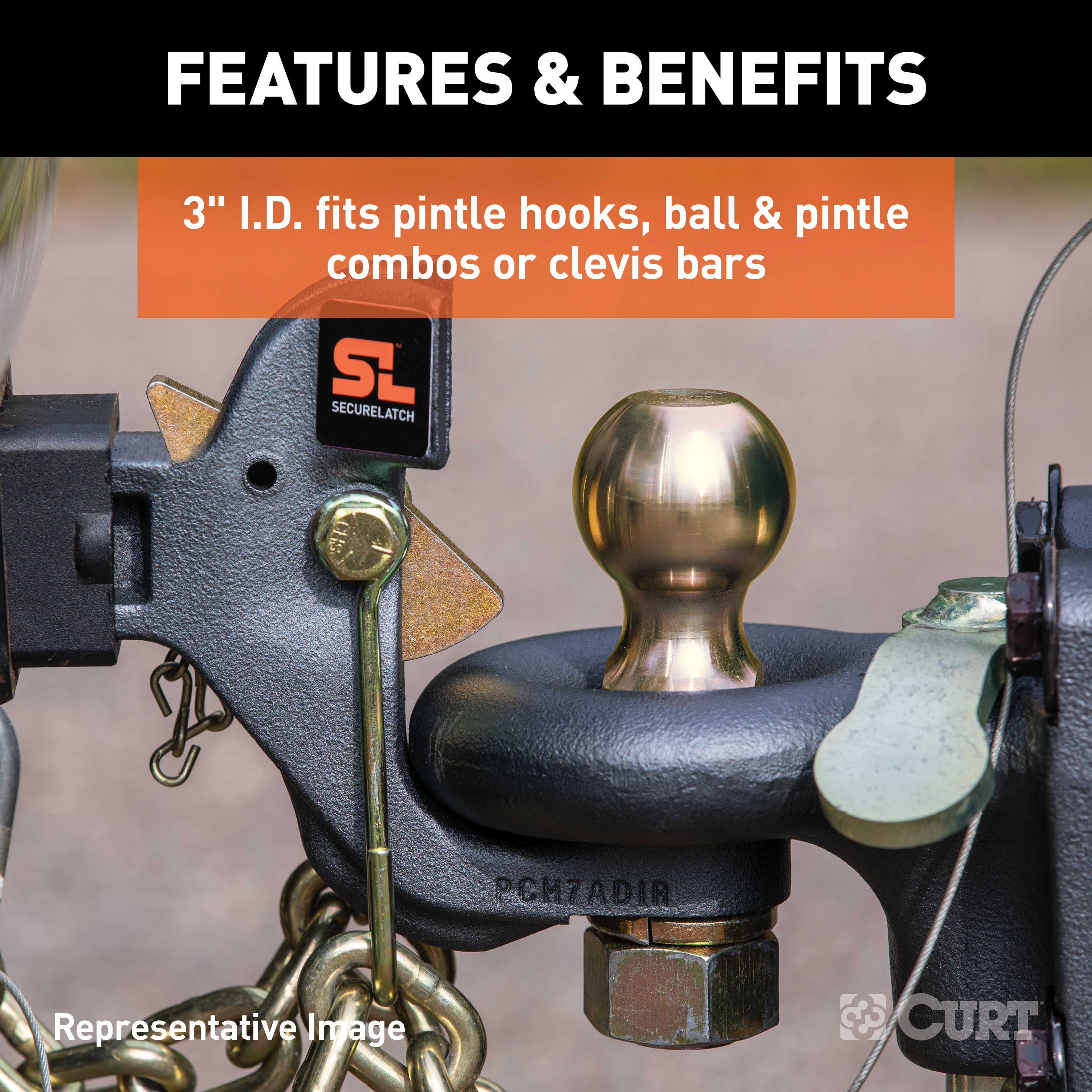 CURT SecureLatch Channel-Style Lunette Ring (25,000 lbs, 3" ID) Trailer Hitch Pintle Hook Mount thumbnail 2