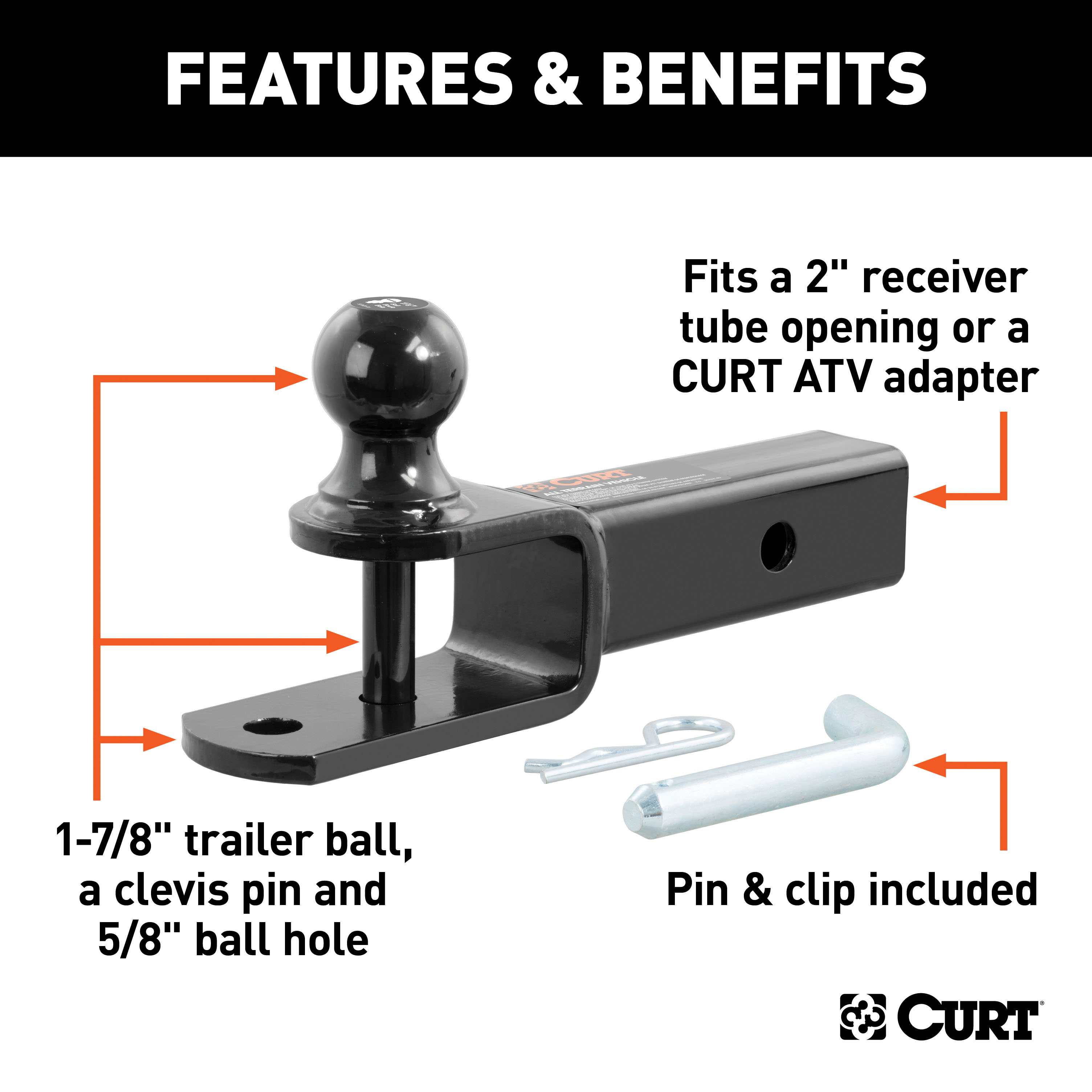 CURT 3-in-1 ATV Ball Mount with 2" Shank and 1-7/8" Trailer Ball Trailer Hitch Ball Mount thumbnail 1