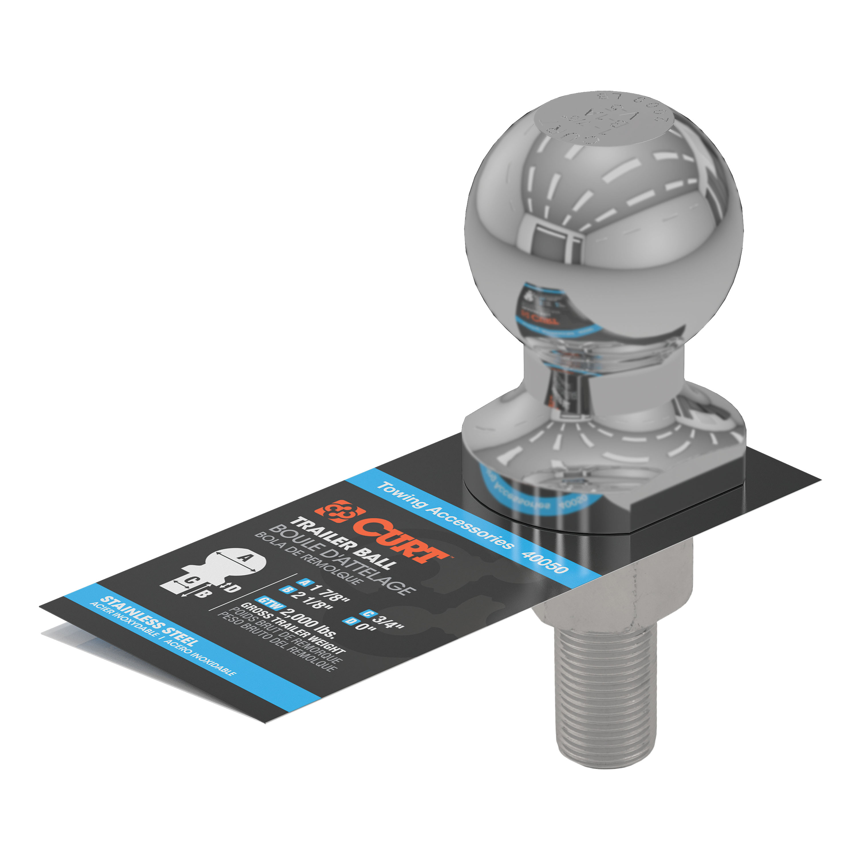 CURT 1-7/8" Trailer Ball (3/4" x 2-1/8" Shank, 2,000 lbs., Stainless) Trailer Hitch Ball thumbnail 2