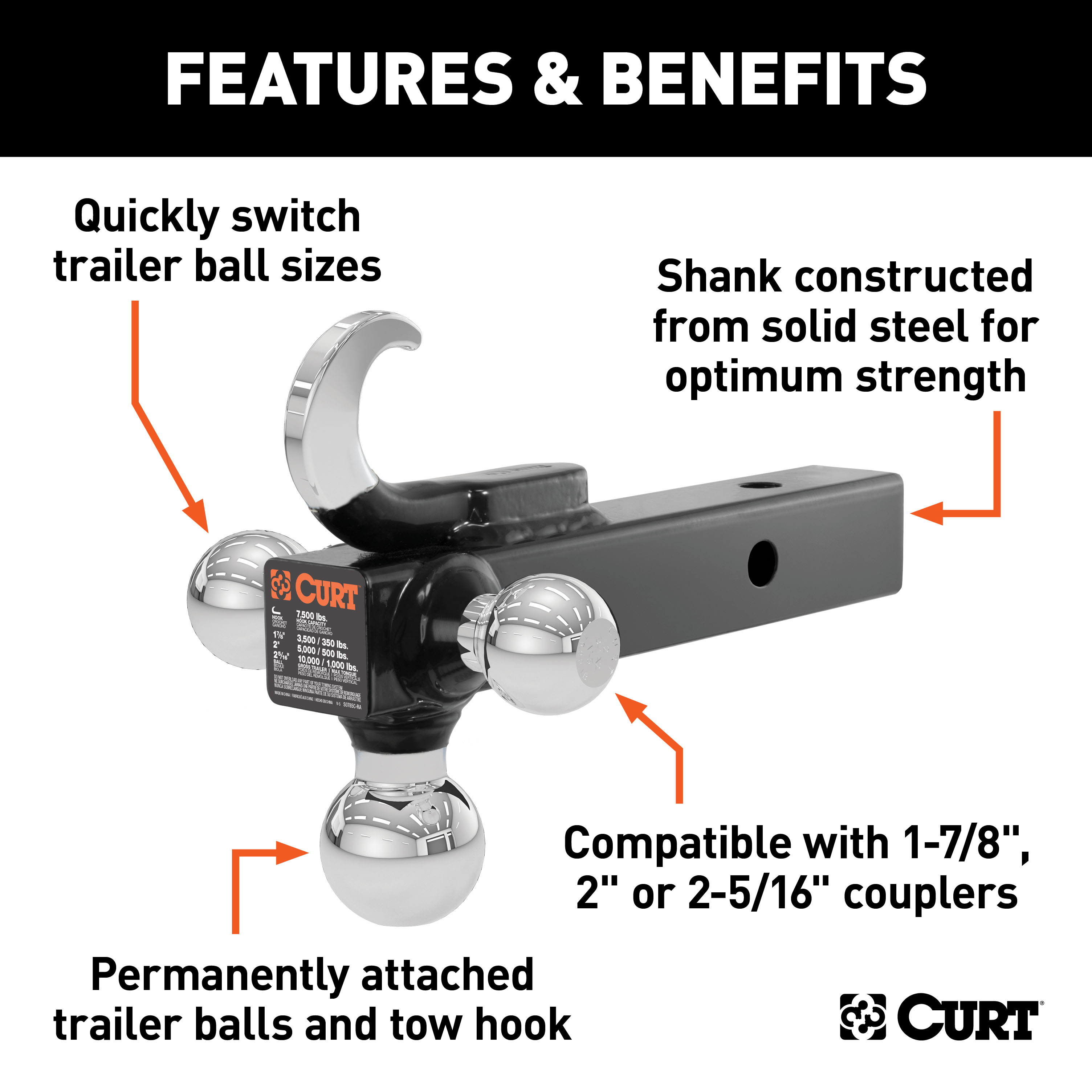 CURT Multi-Ball Mount with Hook (2" Solid Shank, 1-7/8", 2" & 2-5/16" Chrome Balls) Trailer Hitch Ball Mount thumbnail 1