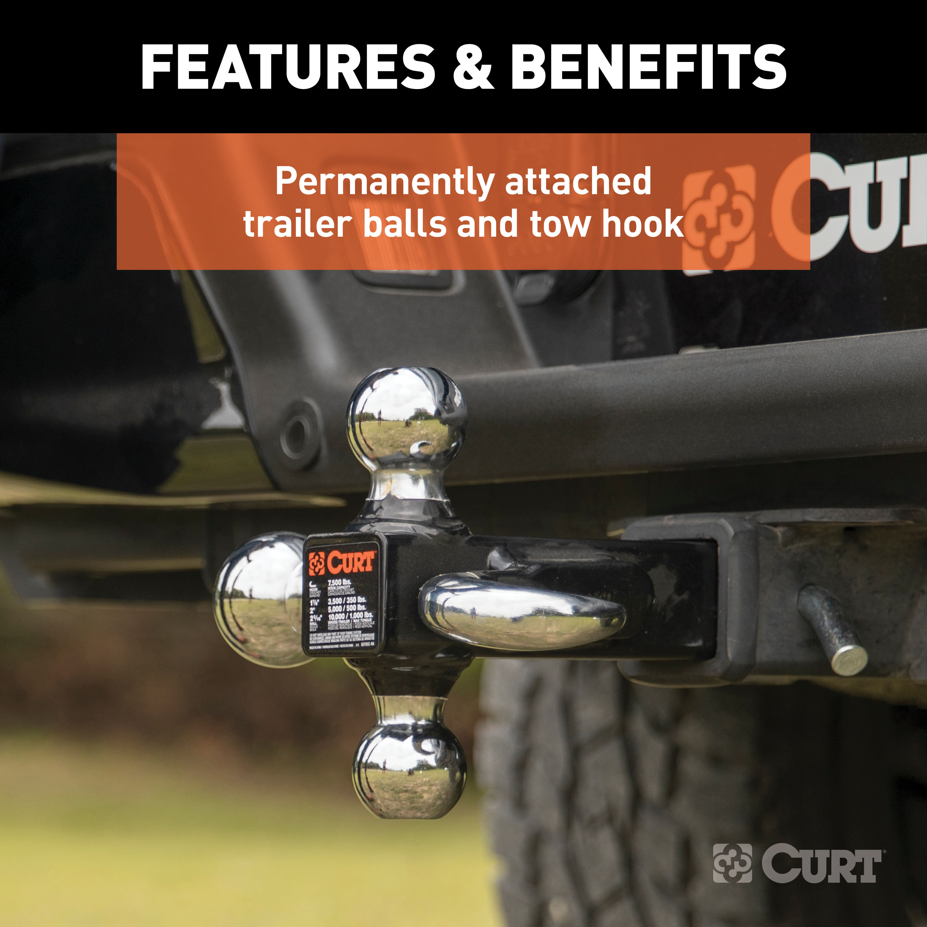 CURT Multi-Ball Mount with Hook (2" Solid Shank, 1-7/8", 2" & 2-5/16" Chrome Balls) Trailer Hitch Ball Mount thumbnail 2