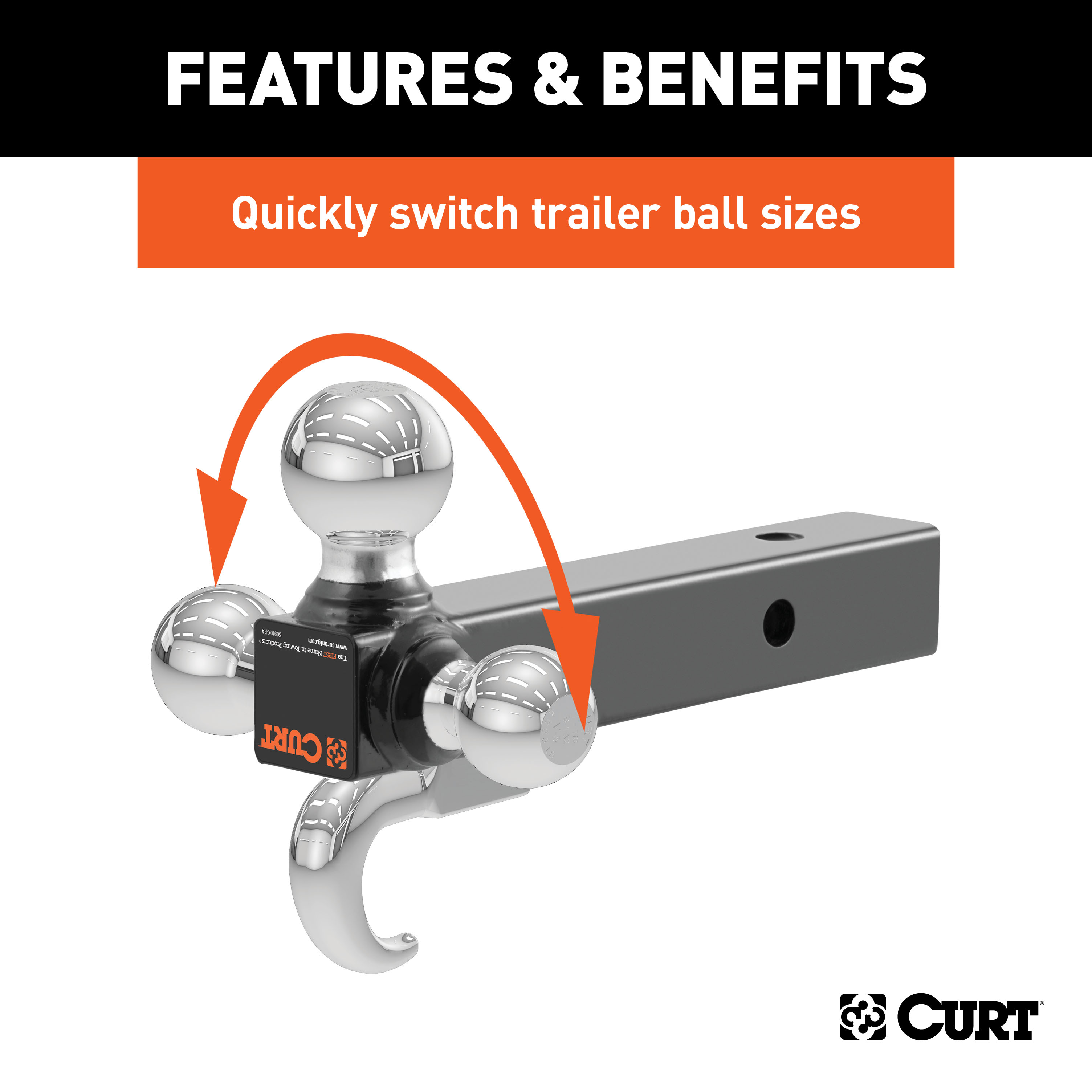 CURT Multi-Ball Mount with Hook (2" Solid Shank, 1-7/8", 2" & 2-5/16" Chrome Balls) Trailer Hitch Ball Mount thumbnail 3