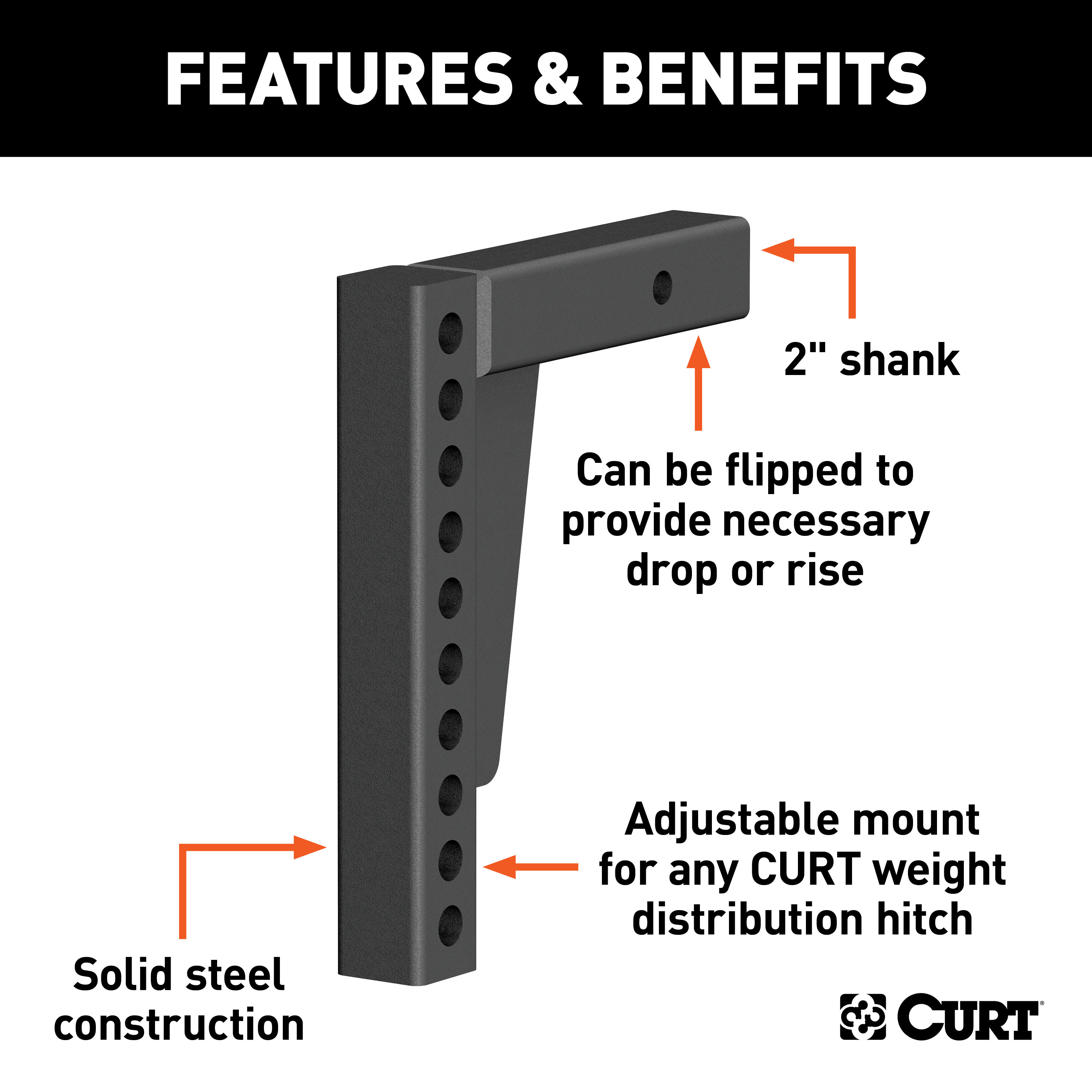 CURT Weight Distribution Shank (2" Shank, 7" Drop, 10-1/2" Rise) Trailer Hitch thumbnail 1