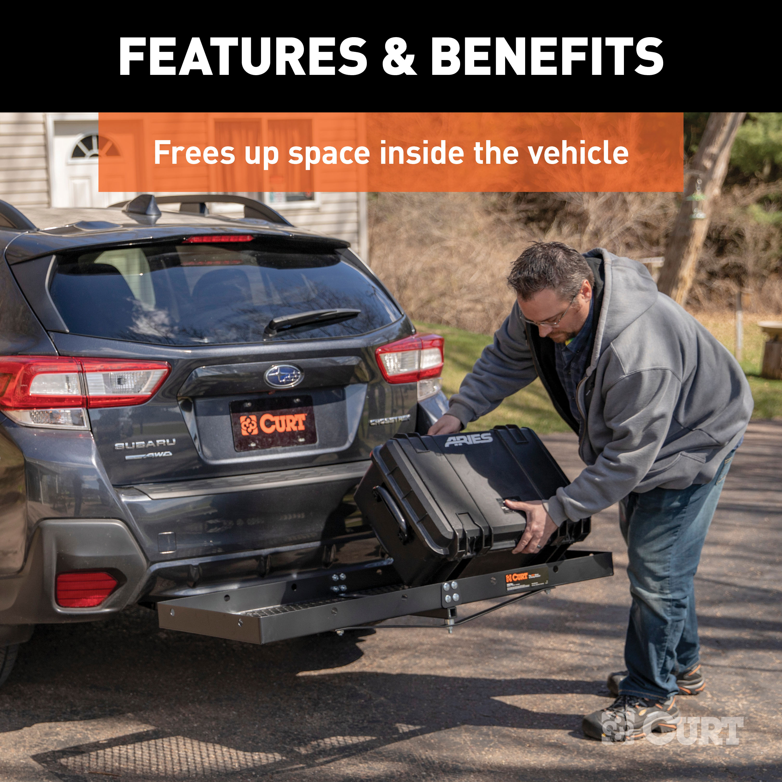 CURT 48" x 20" Black Steel Tray Cargo Carrier (1-1/4", 2" Adapter, 300 lbs.) Receiver Hitch Mounted Cargo Carrier thumbnail 2