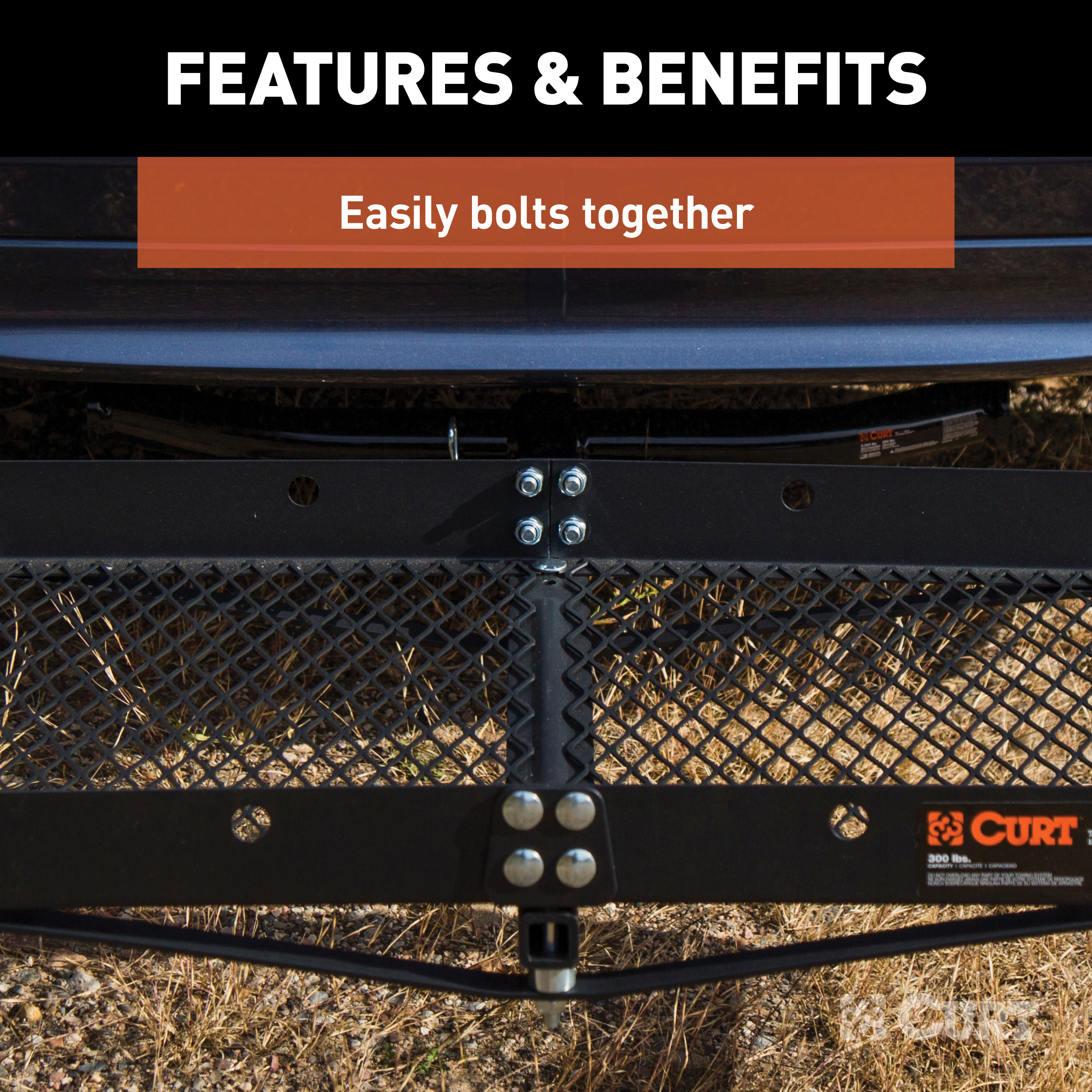 CURT 48" x 20" Black Steel Tray Cargo Carrier (1-1/4", 2" Adapter, 300 lbs.) Receiver Hitch Mounted Cargo Carrier thumbnail 3