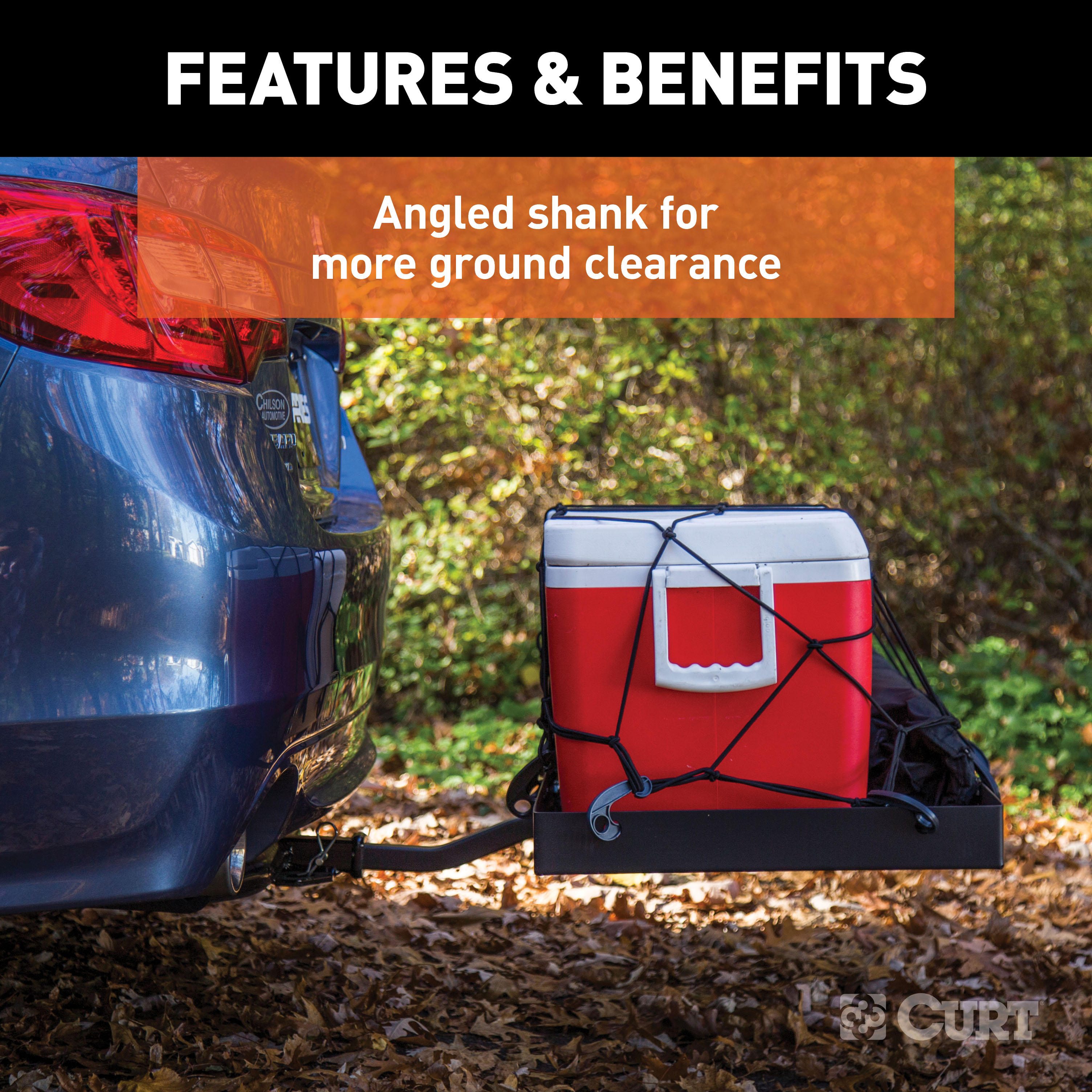 CURT 48" x 20" Black Steel Tray Cargo Carrier (1-1/4", 2" Adapter, 300 lbs.) Receiver Hitch Mounted Cargo Carrier thumbnail 4