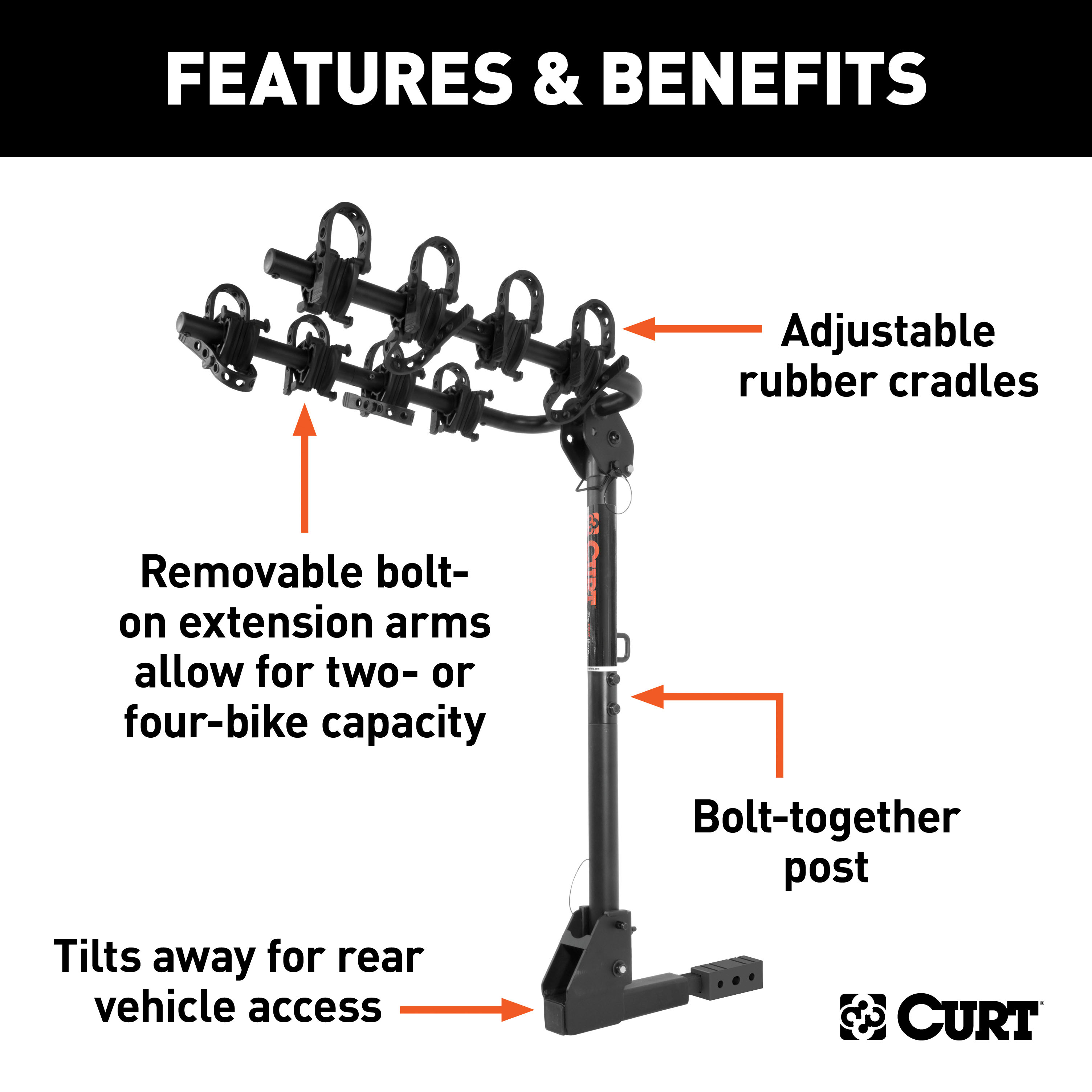 CURT Extendable Hitch-Mounted Bike Rack (2 or 4 Bikes, 1-1/4" or 2" Shank) Bicycle Rack thumbnail 2