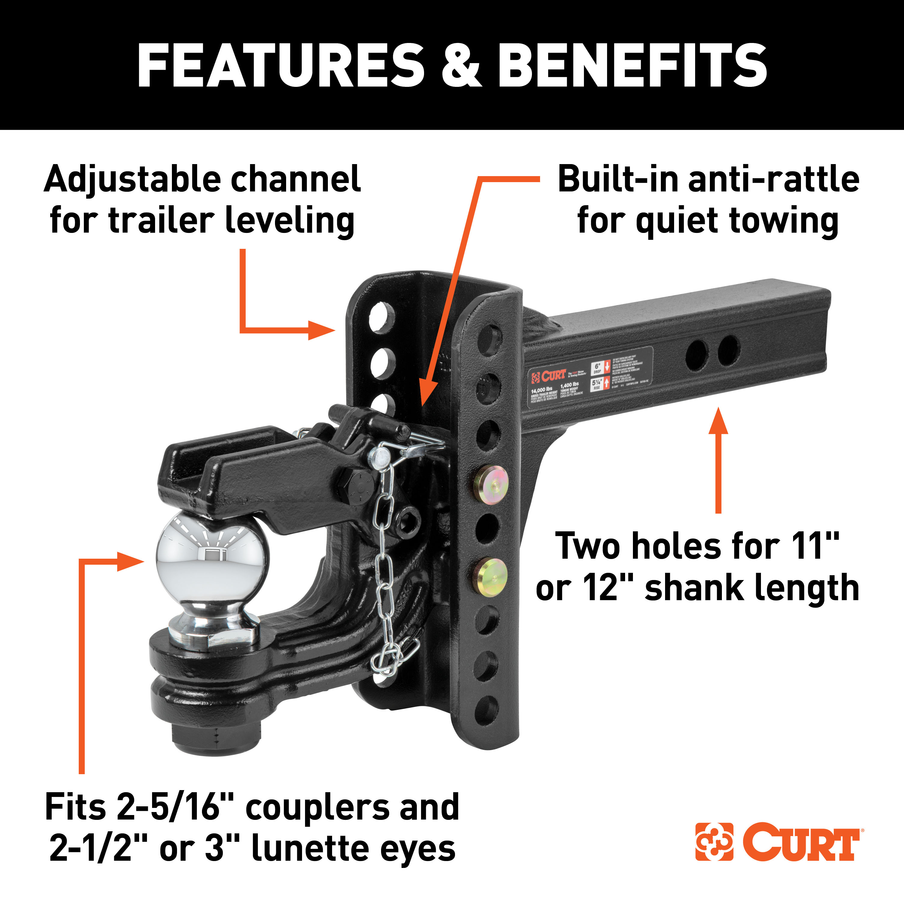 CURT Adjustable Channel Mount with 2-5/16" Ball & Pintle (2" Shank, 13,000 lbs.) Trailer Hitch Pintle Hook Mount thumbnail 1