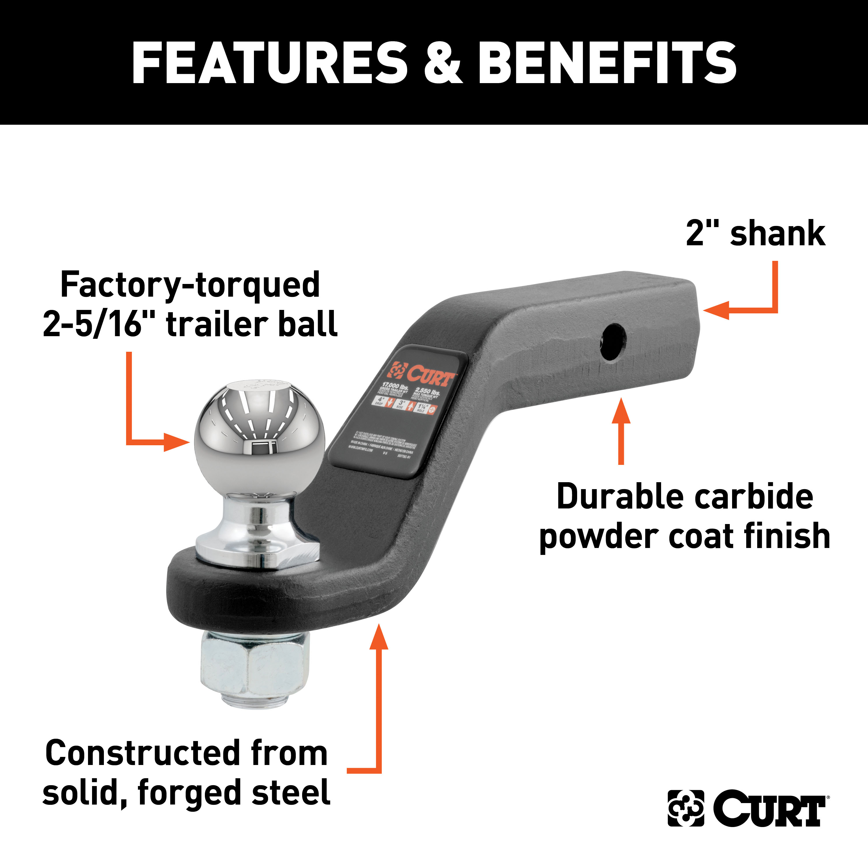 CURT Loaded Forged Ball Mount with 2-5/16" Ball (2" Shank, 15,000 lbss., 4" Drop) Trailer Hitch Ball Mount thumbnail 1