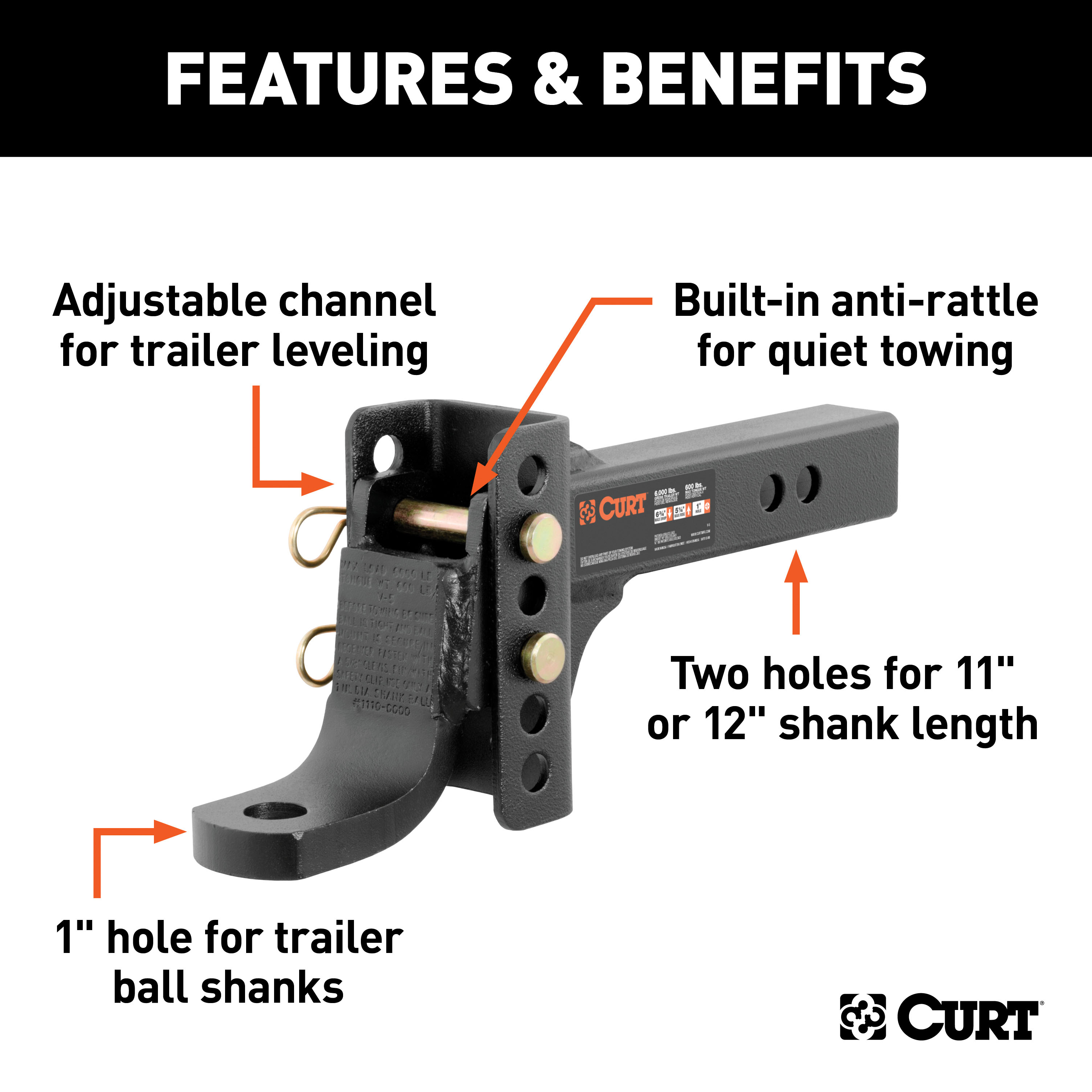 CURT Adjustable Channel Mount with 1" Ball Hole (2" Shank, 6,000 lbss., 6-3/4" Drop) Trailer Hitch Ball Mount thumbnail 1