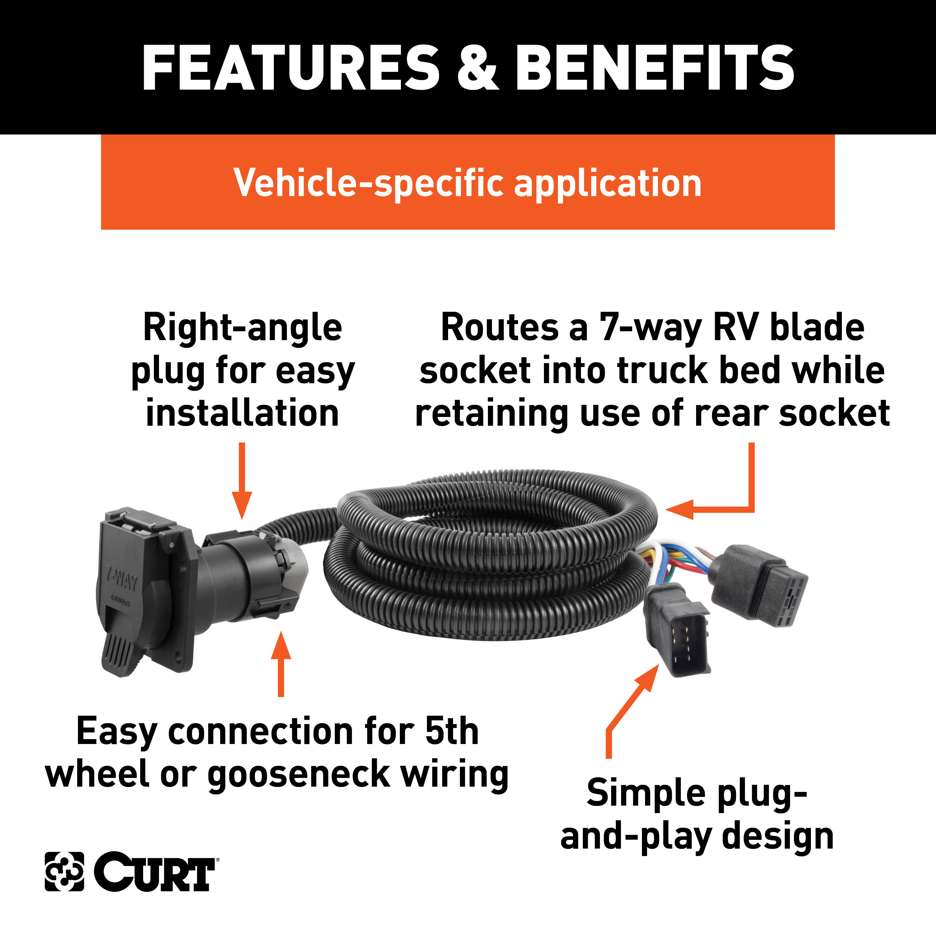 CURT 7' Custom Wiring Extension Harness (Adds 7-Way RV Blade to Truck Bed) Trailer Connector Kit thumbnail 1