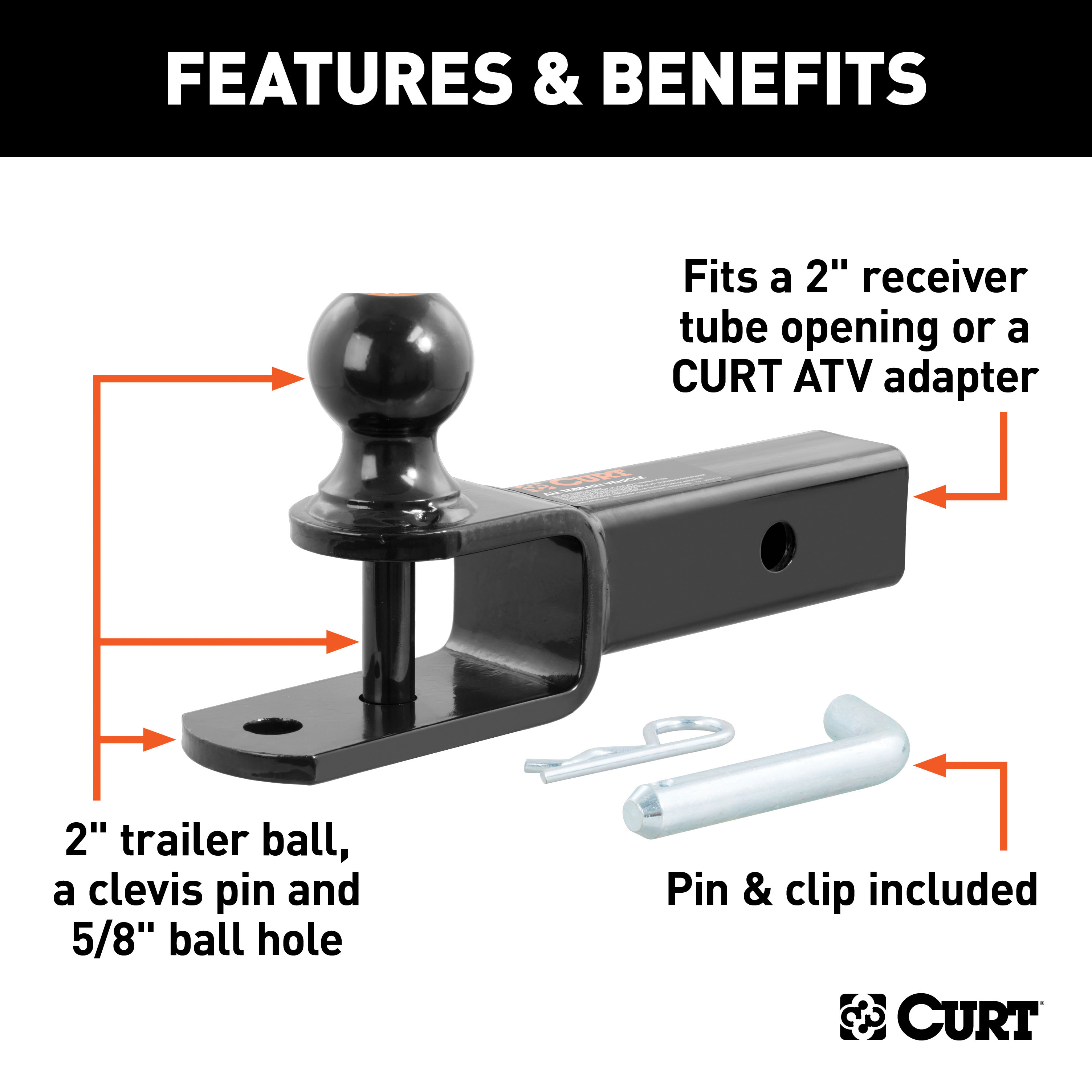 CURT 3-in-1 ATV Ball Mount with 2" Shank and 2" Trailer Ball Trailer Hitch Ball Mount thumbnail 1
