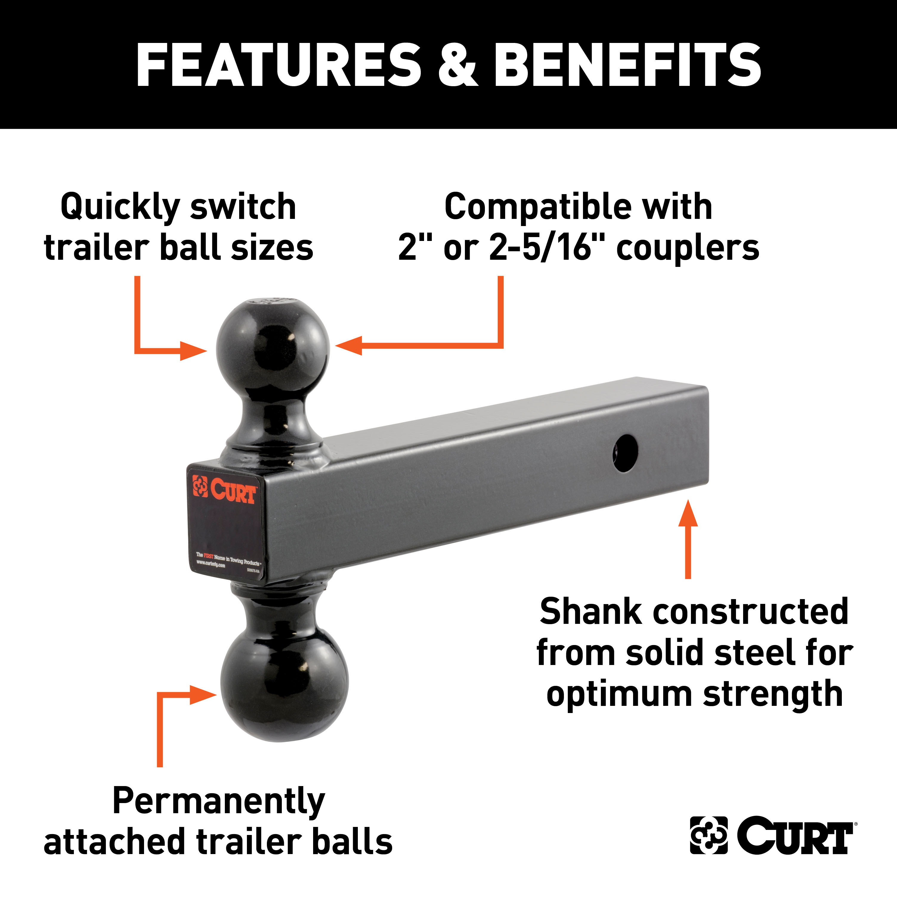 CURT Multi-Ball Mount (2" Solid Shank, 2" & 2-5/16" Black Balls) Trailer Hitch Ball Mount thumbnail 1