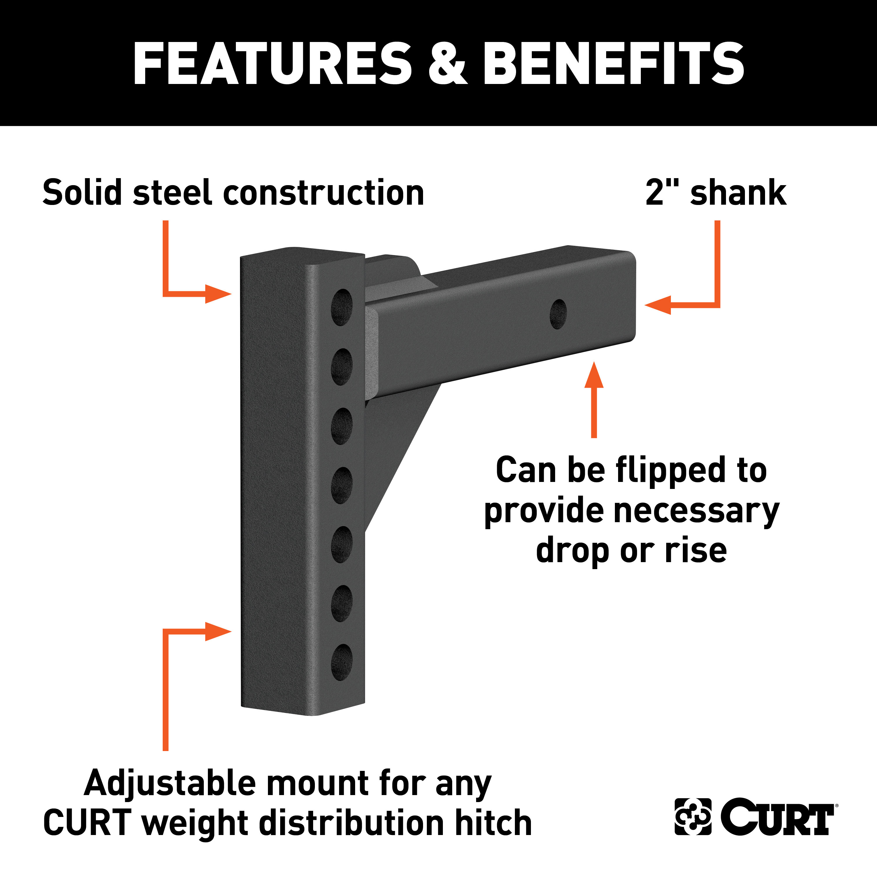 CURT Weight Distribution Shank (2" Shank, 2" Drop, 6" Rise) Trailer Hitch thumbnail 1
