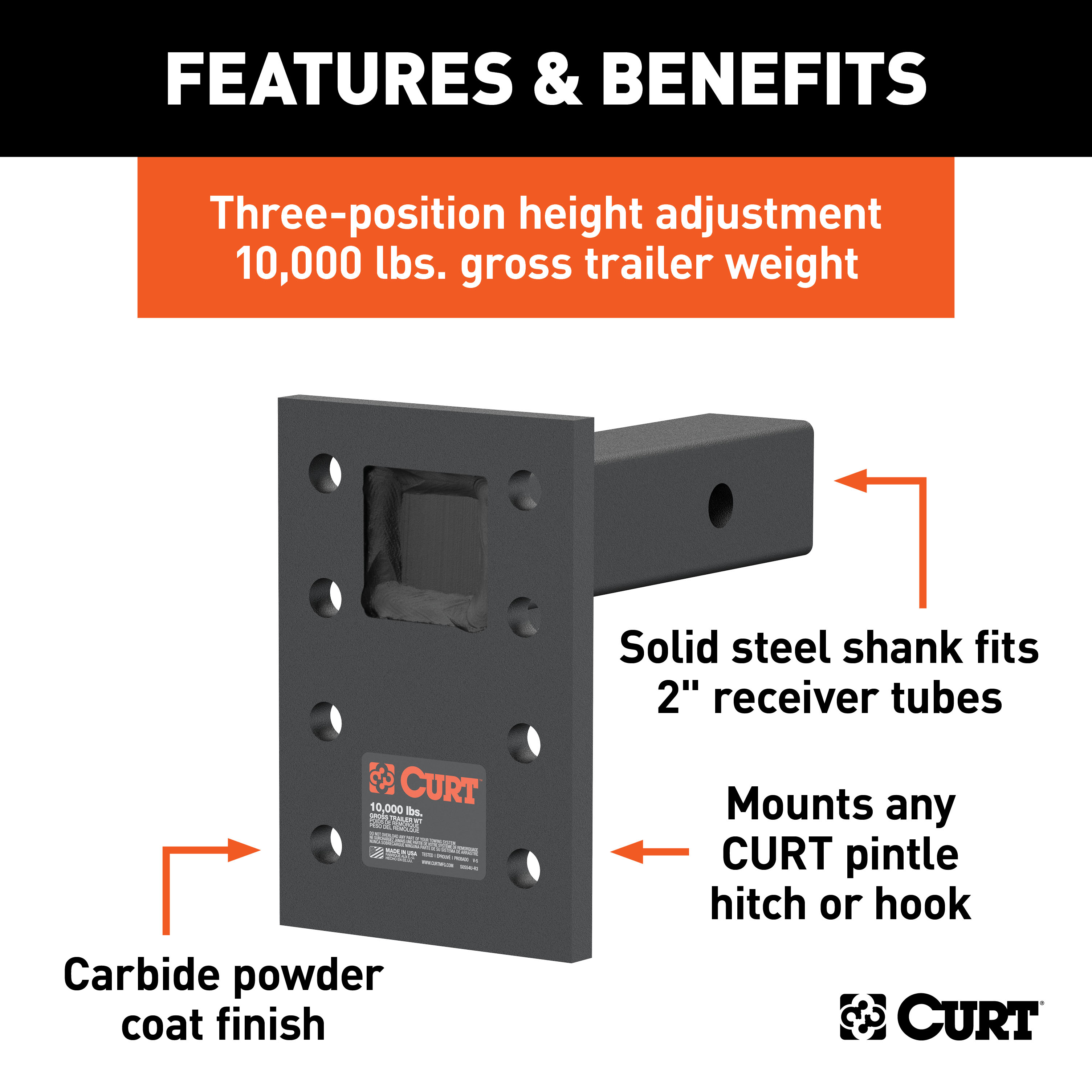 CURT Adjustable Pintle Mount (2" Shank, 10,000 lbs., 7" High, 6" Long) Trailer Hitch Pintle Hook Mount thumbnail 1