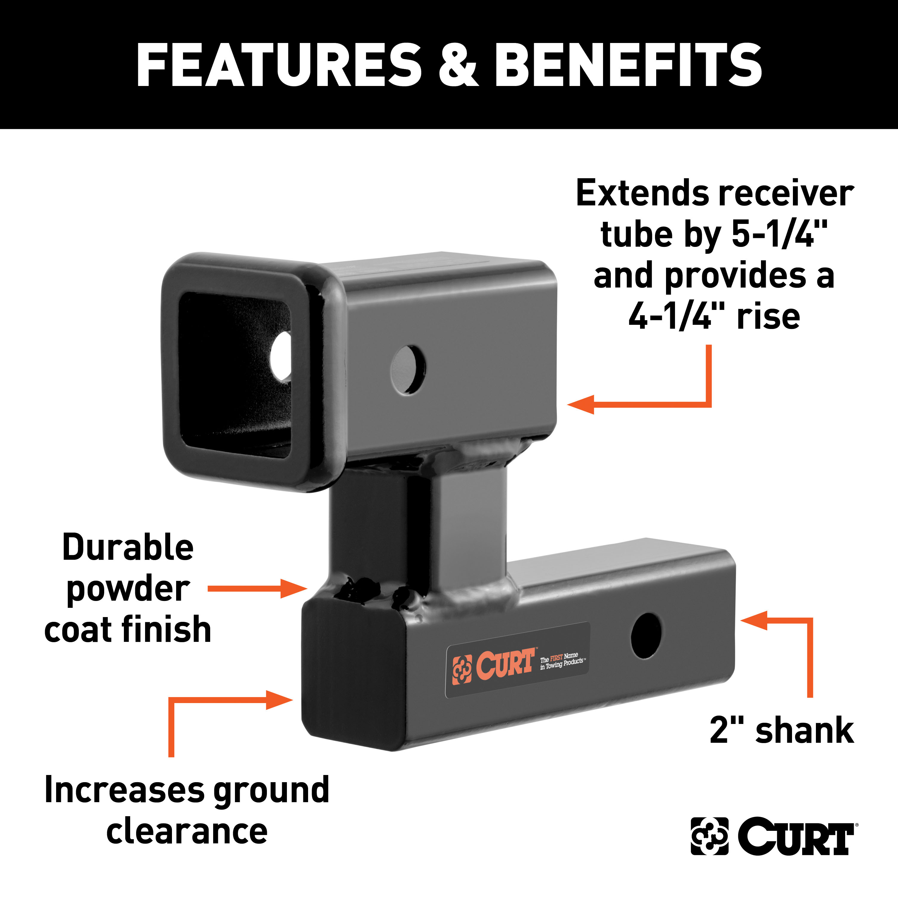 CURT Raised Receiver Adapter (2" Shank, Not for Towing Use, 4-1/4" Rise) Trailer Hitch Receiver Tube Adapter thumbnail 1