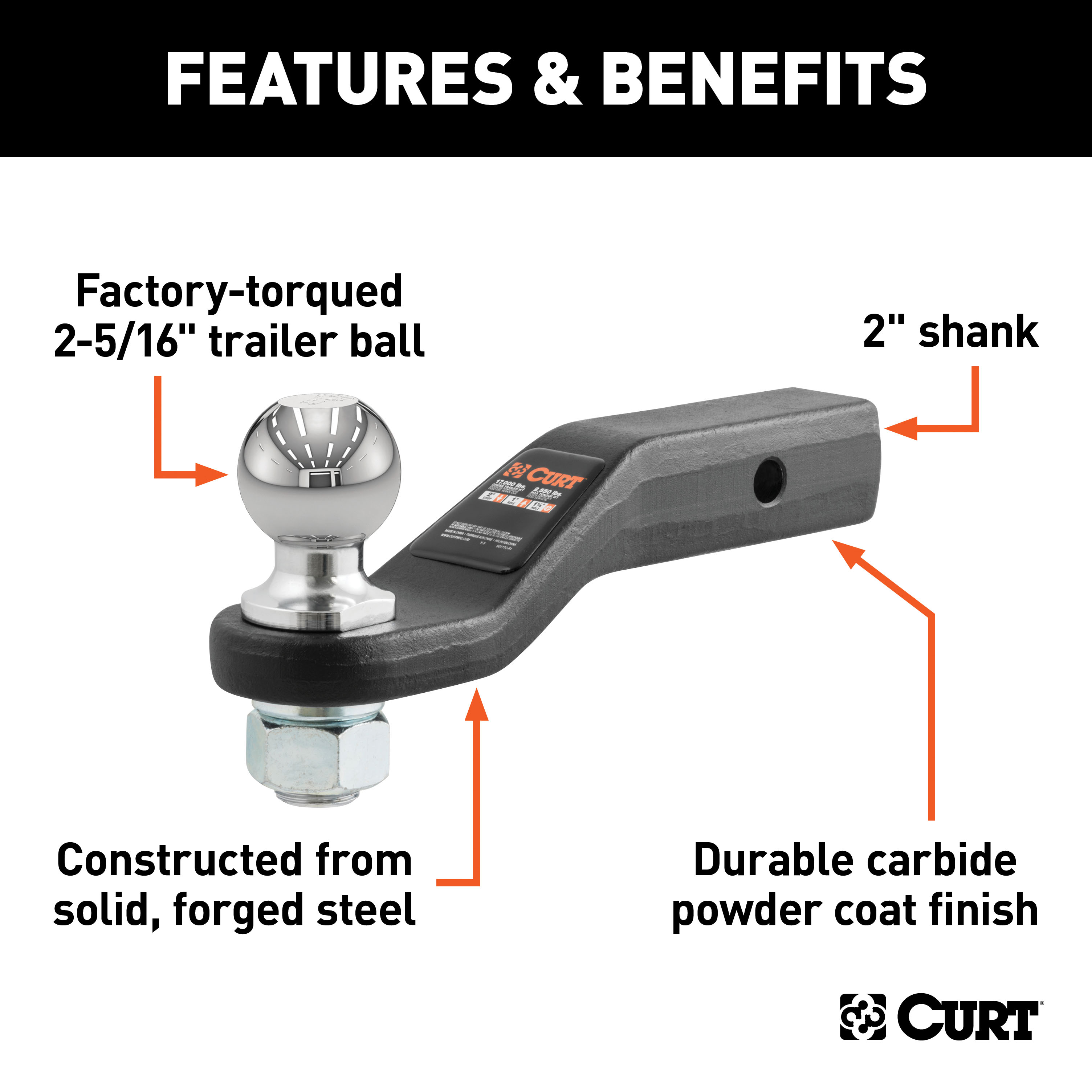 CURT Loaded Forged Ball Mount with 2-5/16" Ball (2" Shank, 15,000 lbss., 2" Drop) Trailer Hitch Ball Mount thumbnail 1