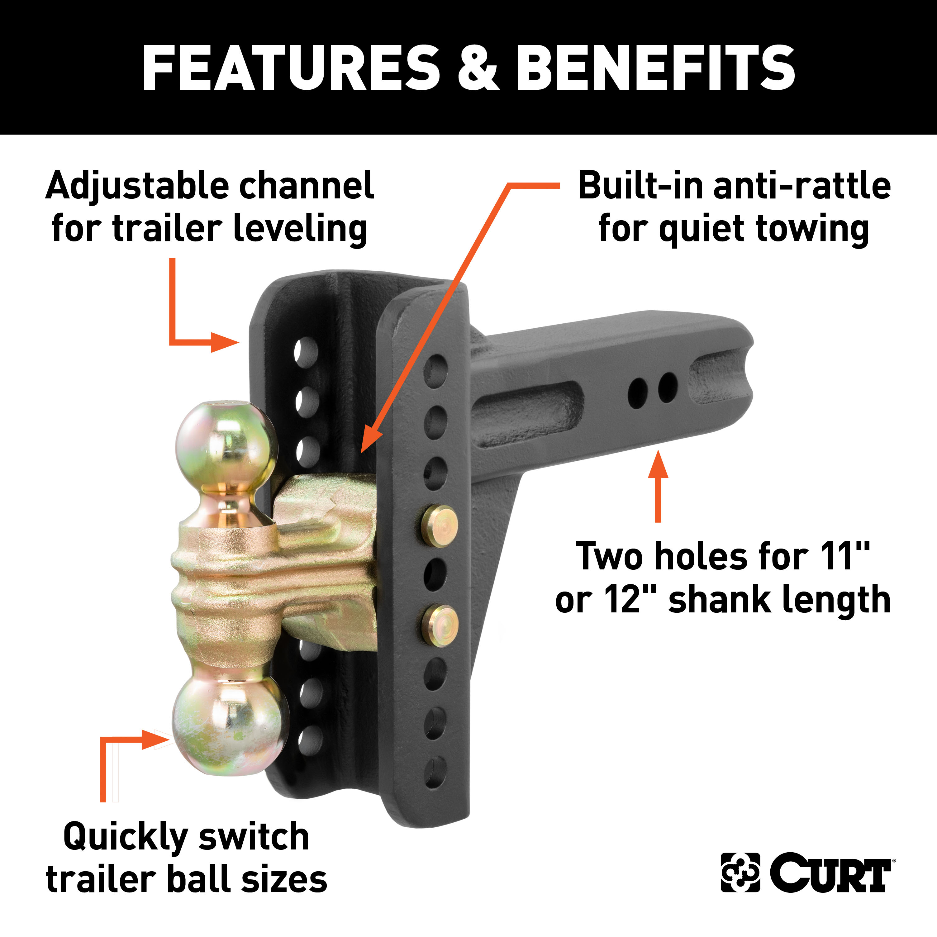 CURT Adjustable Channel Mount with Dual Ball (2-1/2" Shank, 20,000 lbss., 6" Drop) Trailer Hitch Ball Mount thumbnail 1