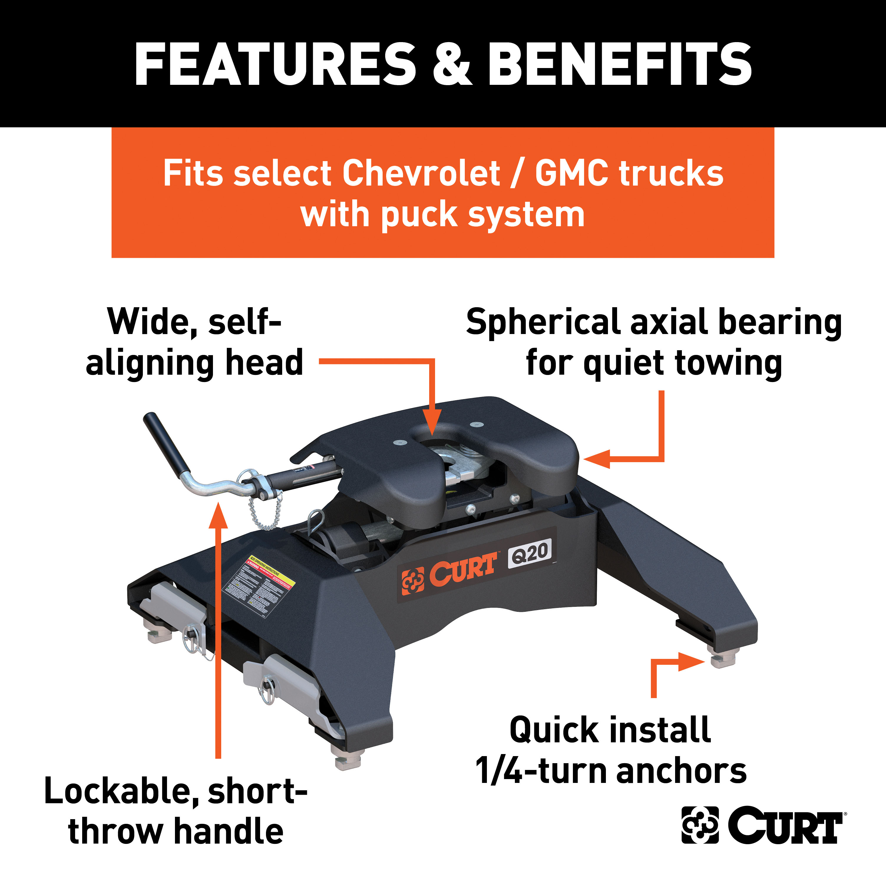 CURT 20K, Q20 5th Wheel Hitch, Select Silverado, Sierra 2500, 3500 HD, 8' Bed Puck System  thumbnail 1