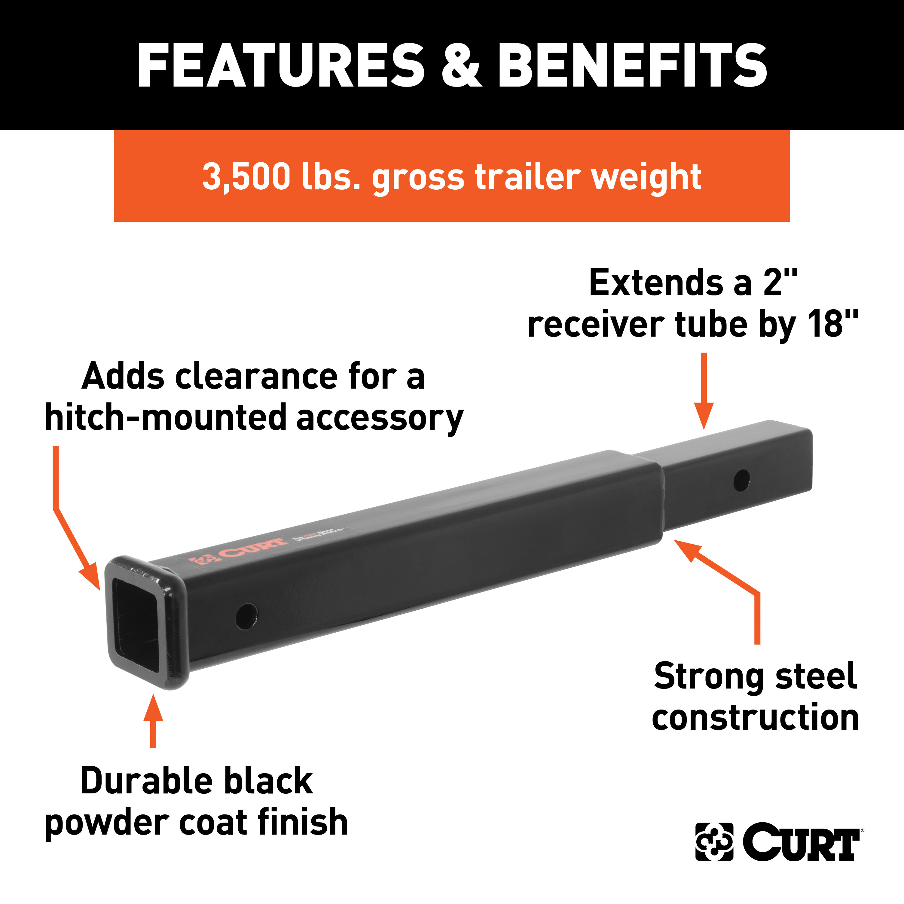CURT 18" Receiver Tube Extender (2" Shank, 3,500 lbs.) Trailer Hitch thumbnail 1