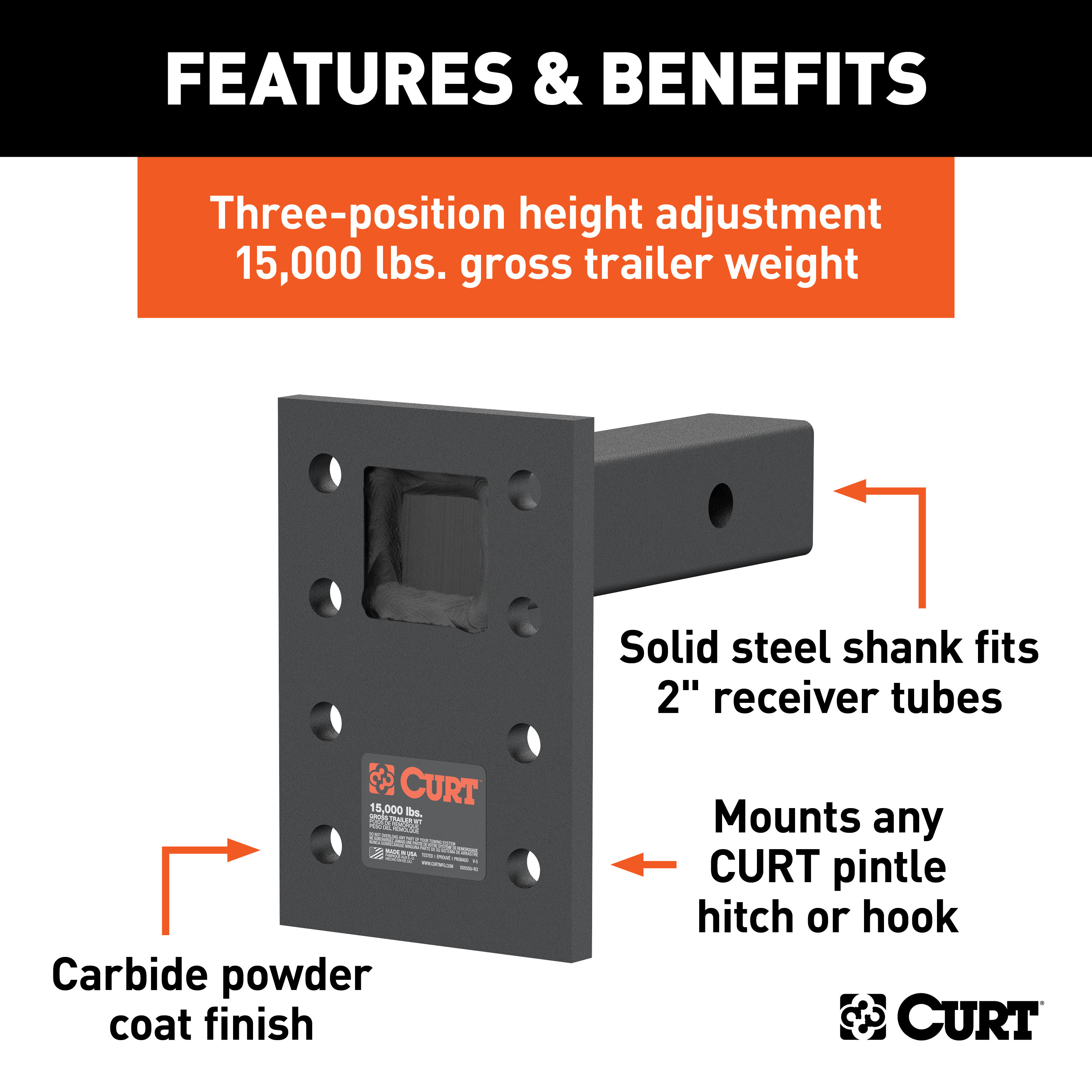 CURT Adjustable Pintle Mount (2" Shank, 15,000 lbs., 7" High, 6" Long) Trailer Hitch Pintle Hook Mount thumbnail 1