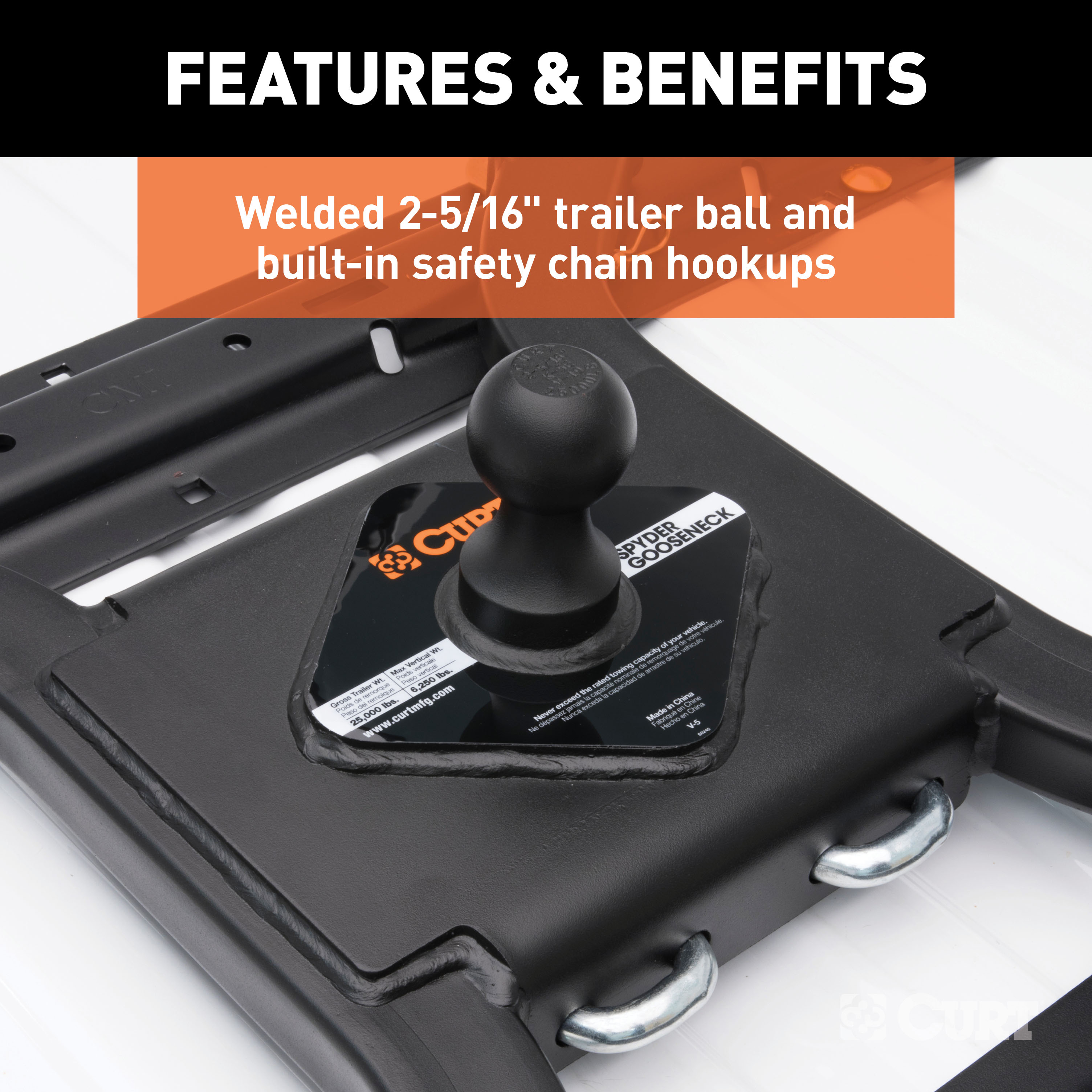 CURT Spyder 5th Wheel Rail Gooseneck Hitch with 2-5/16" Ball, 25K Gooseneck Trailer Hitch thumbnail 3