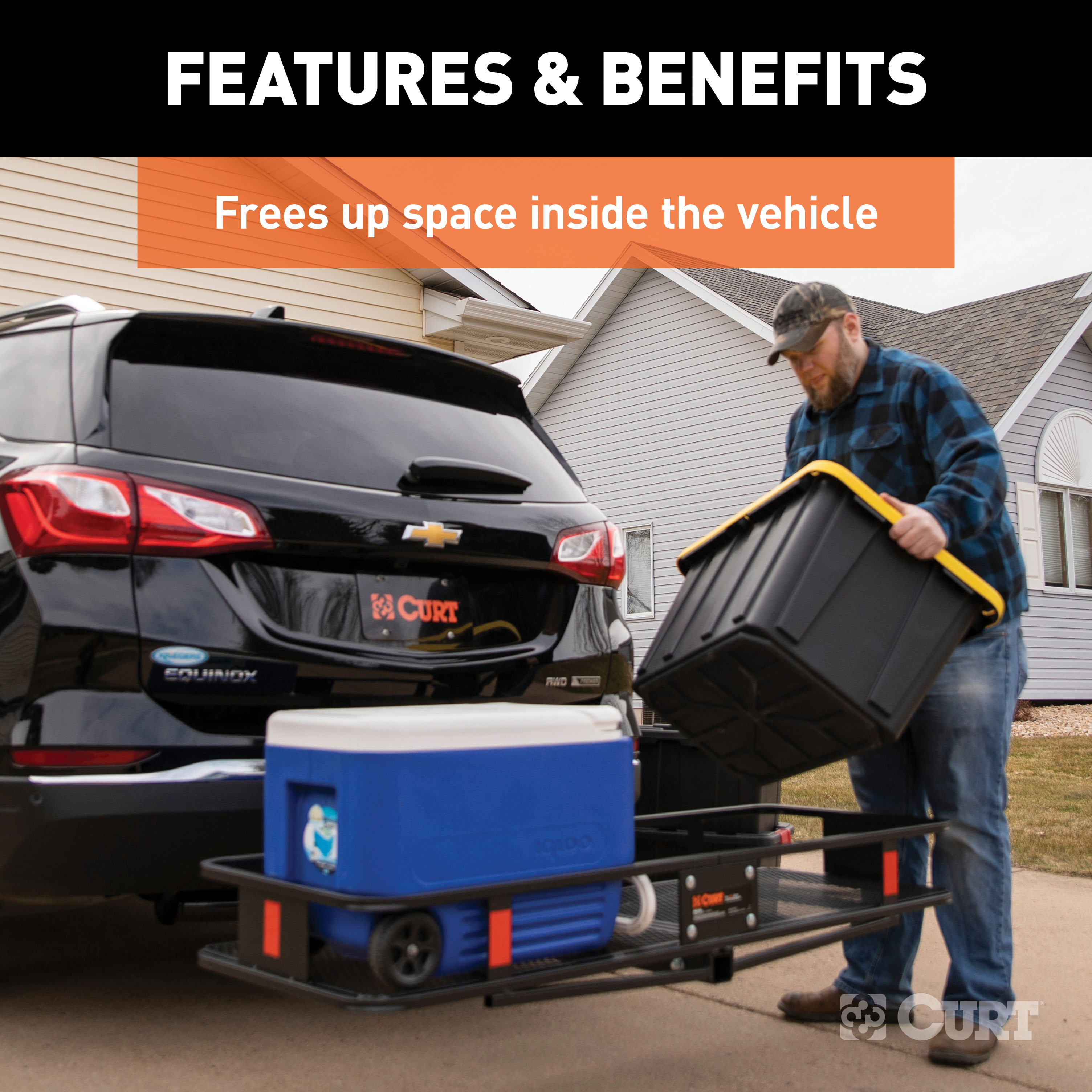 CURT 60" x 20" Black Steel Basket Cargo Carrier (Folding 2" Shank, 500 lbs.) Receiver Hitch Mounted Cargo Carrier thumbnail 2