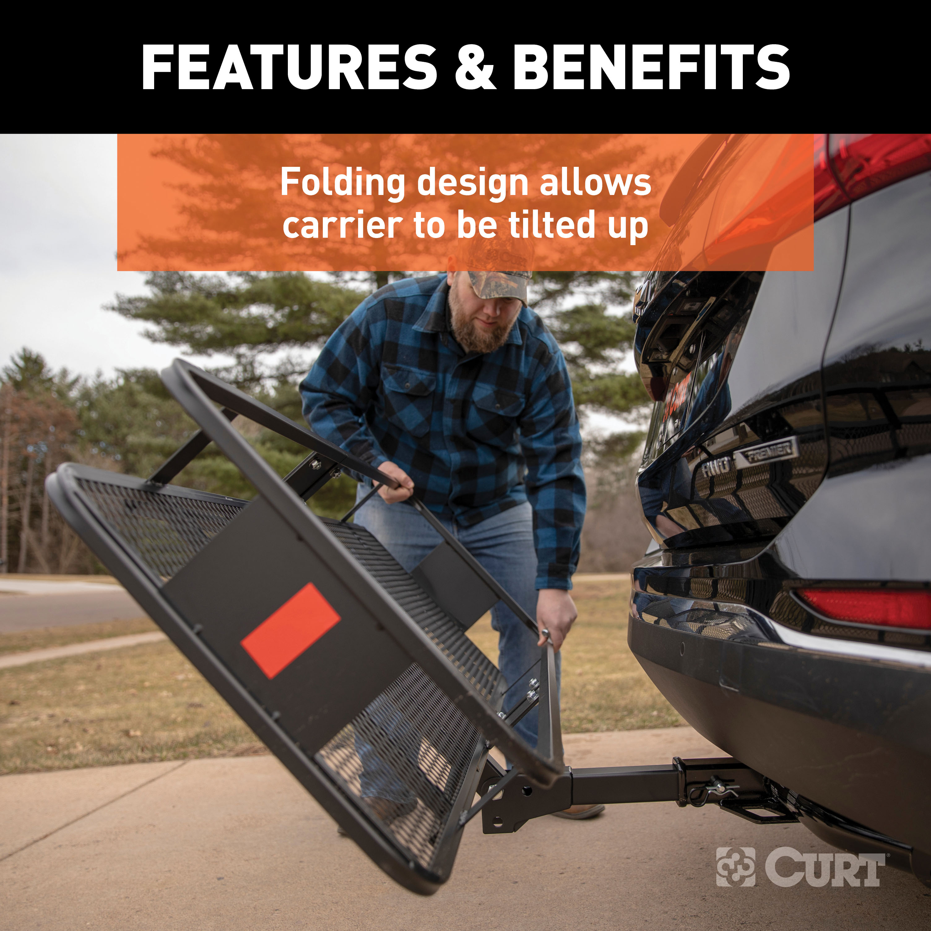 CURT 60" x 20" Black Steel Basket Cargo Carrier (Folding 2" Shank, 500 lbs.) Receiver Hitch Mounted Cargo Carrier thumbnail 4