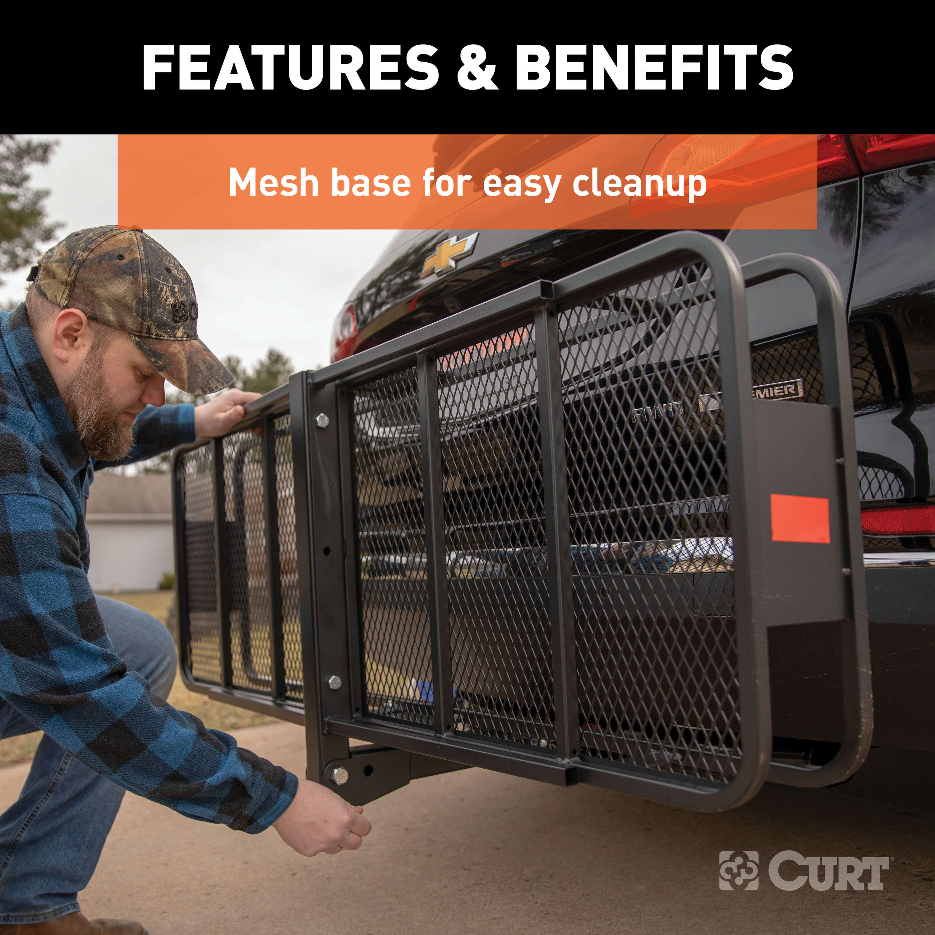 CURT 60" x 20" Black Steel Basket Cargo Carrier (Folding 2" Shank, 500 lbs.) Receiver Hitch Mounted Cargo Carrier thumbnail 6