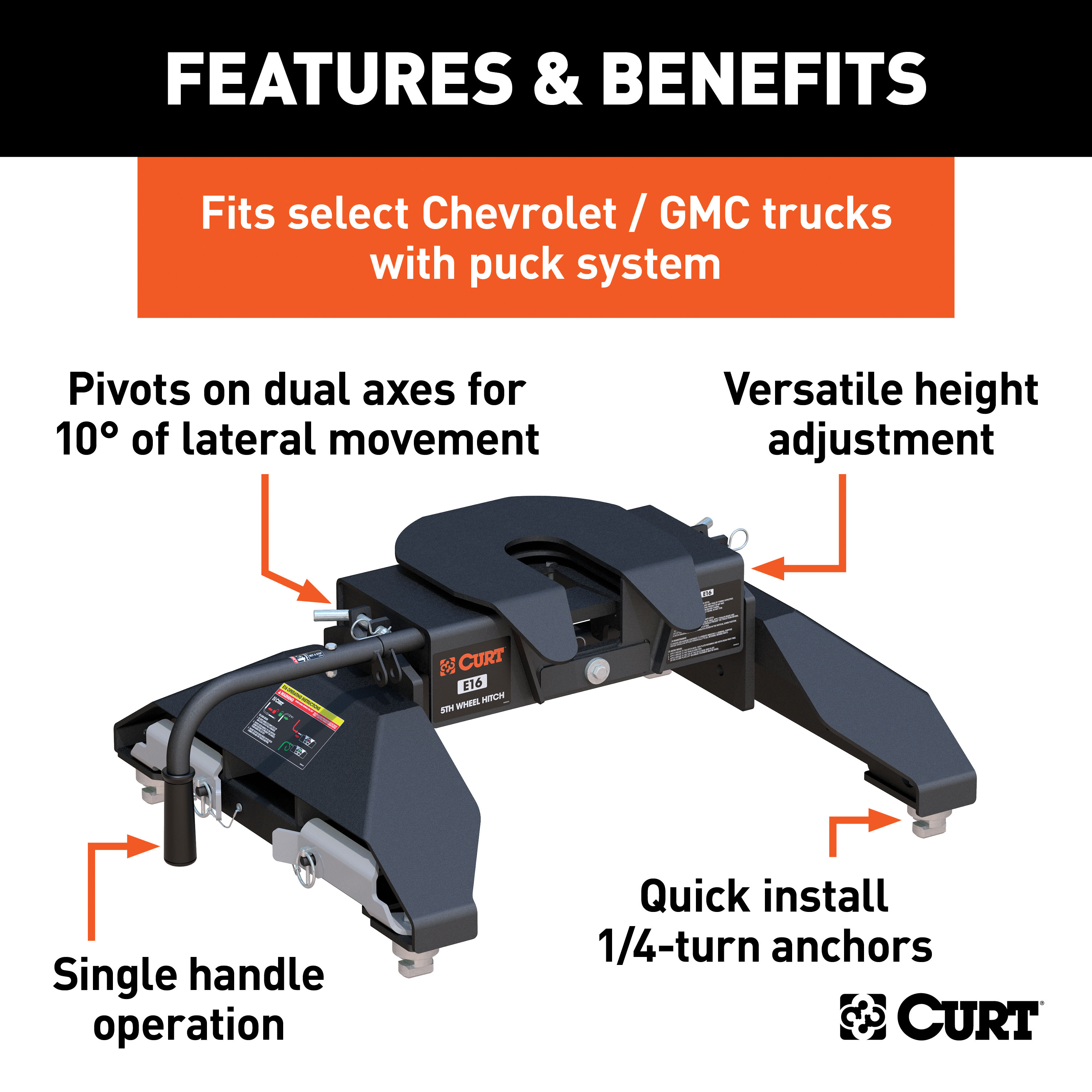 CURT 16K, E16 5th Wheel Hitch, Select Silverado, Sierra 2500, 3500 HD, 8' Bed Puck System  thumbnail 1