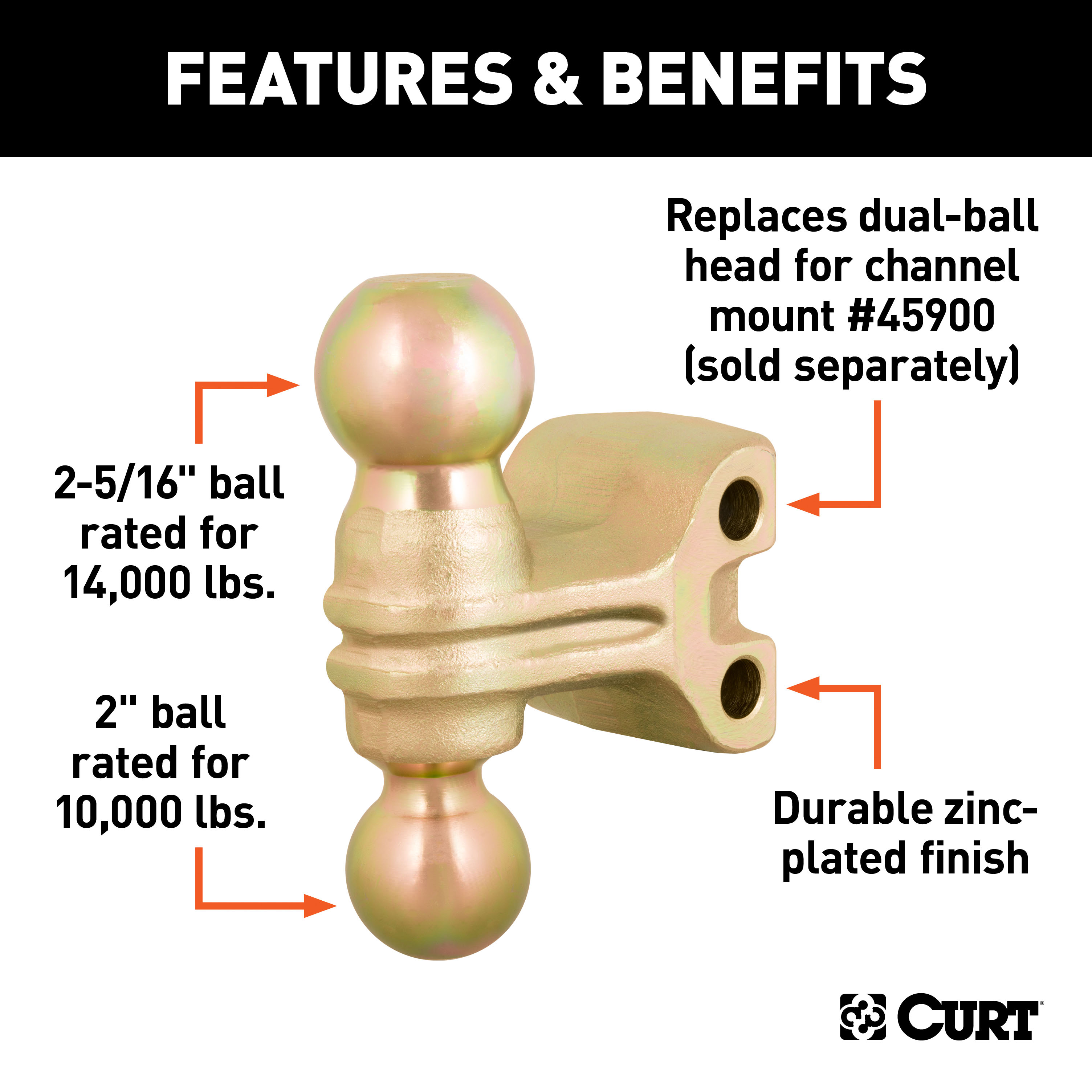 CURT Replacement Dual-Ball for Adjustable Channel Mount (Fits 45900, 45926) Trailer Hitch Ball thumbnail 1