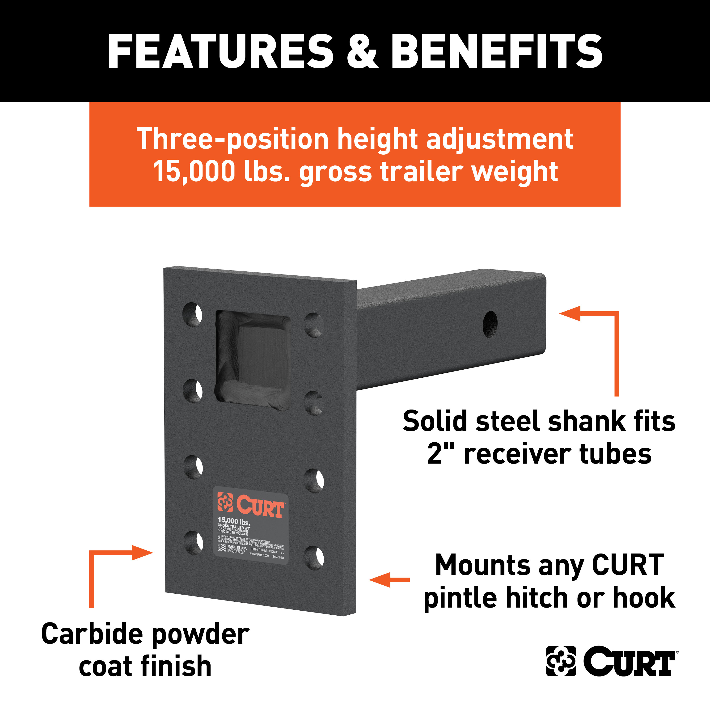 CURT Adjustable Pintle Mount (2" Shank, 15,000 lbs., 7" High, 8" Long) Trailer Hitch Pintle Hook Mount thumbnail 1