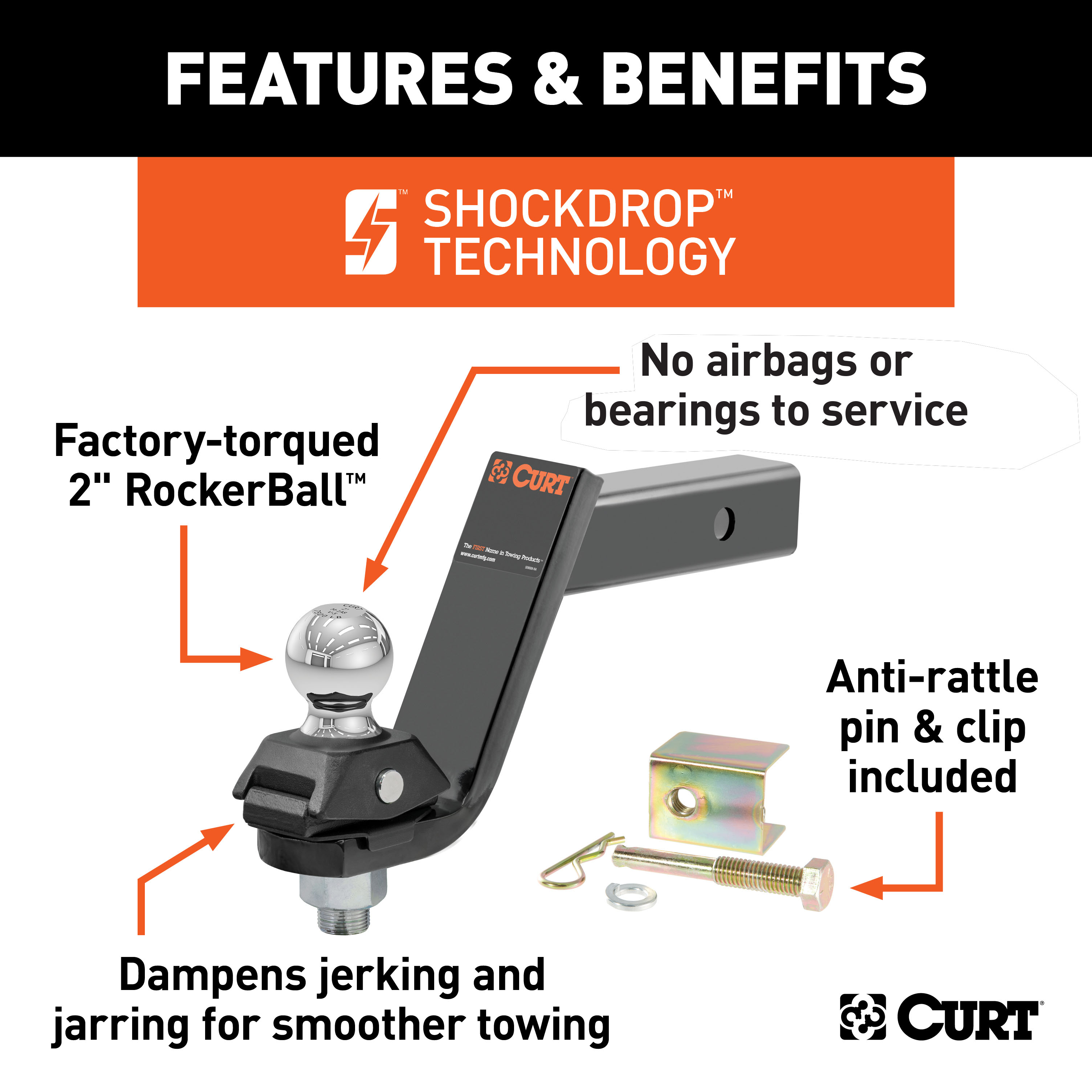 CURT RockerBall Cushion Hitch with 2" Ball (2" Shank, 7,500 lbs., 5" Drop) Trailer Hitch Ball thumbnail 1