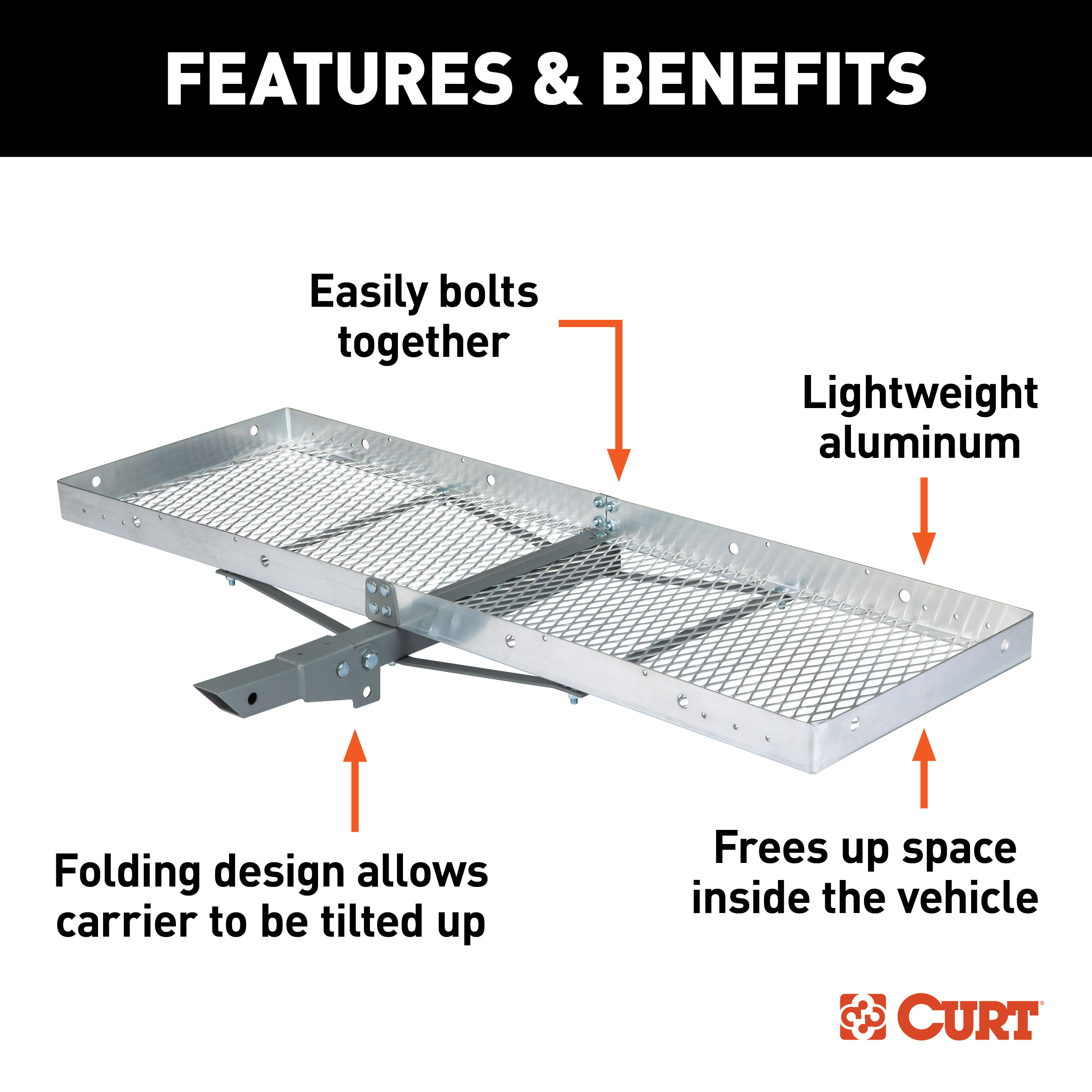 CURT 60" x 20" Aluminum Tray Cargo Carrier (Folding 2" Shank, 500 lbs.) Receiver Hitch Mounted Cargo Carrier thumbnail 3