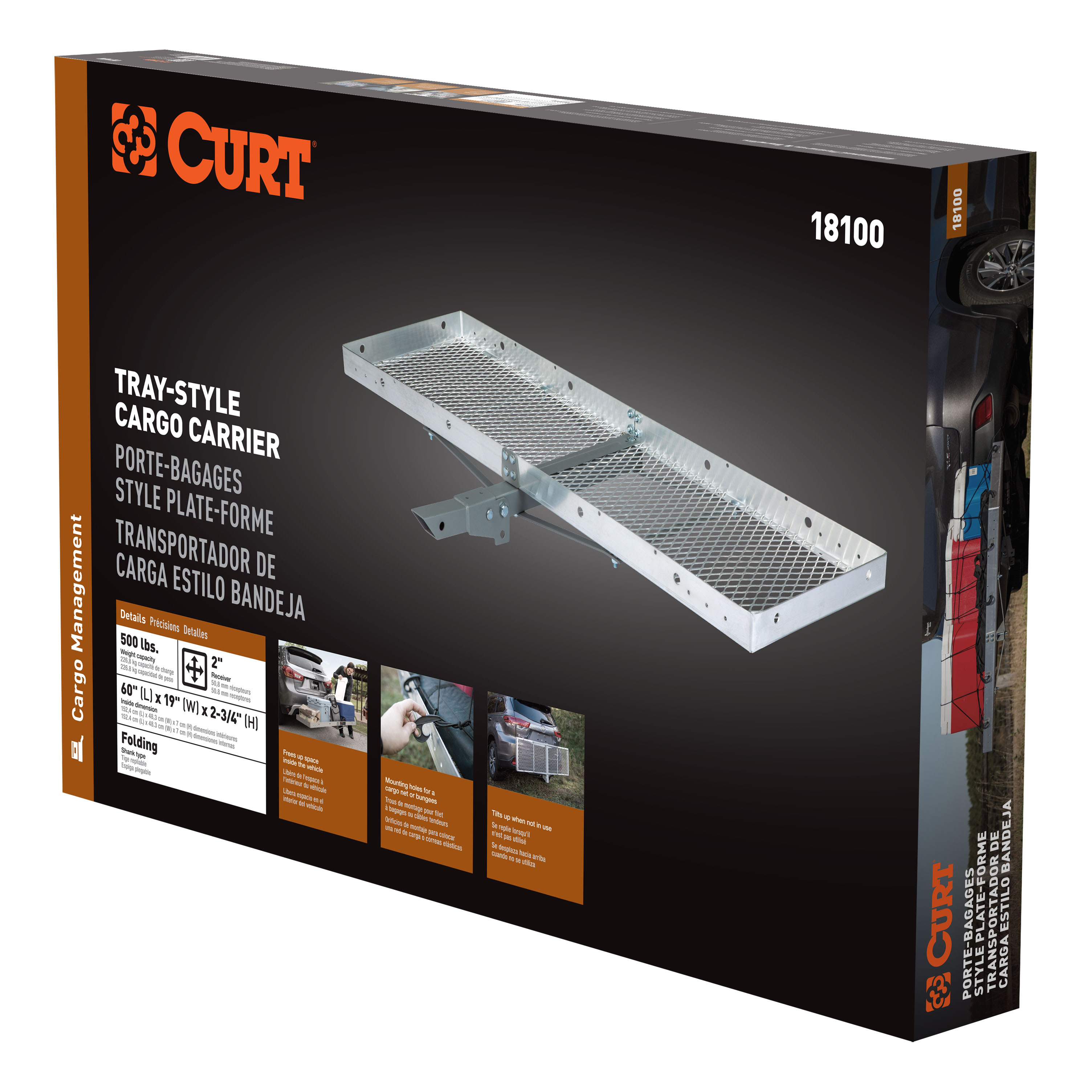 CURT 60" x 20" Aluminum Tray Cargo Carrier (Folding 2" Shank, 500 lbs.) Receiver Hitch Mounted Cargo Carrier thumbnail 1
