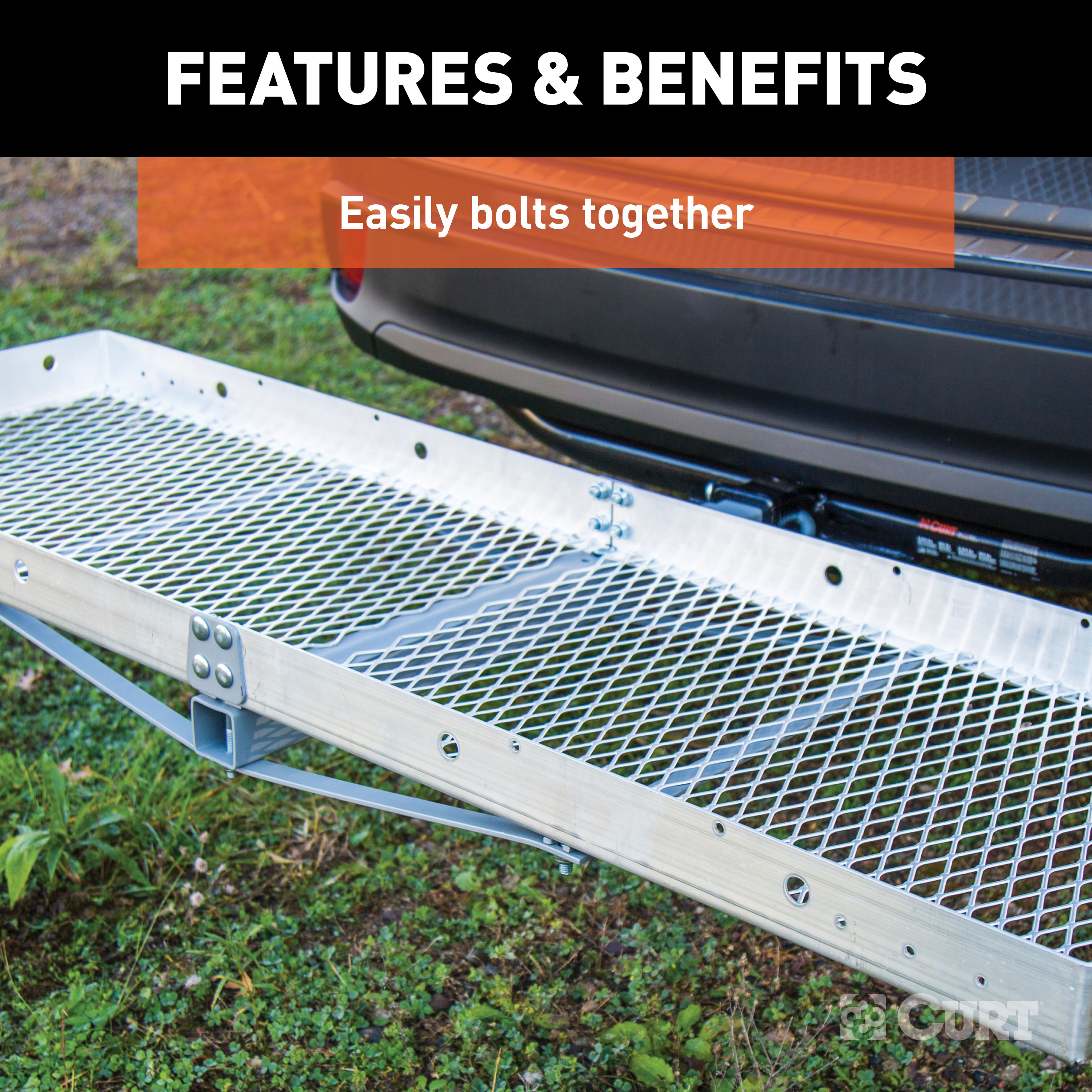 CURT 60" x 20" Aluminum Tray Cargo Carrier (Folding 2" Shank, 500 lbs.) Receiver Hitch Mounted Cargo Carrier thumbnail 5