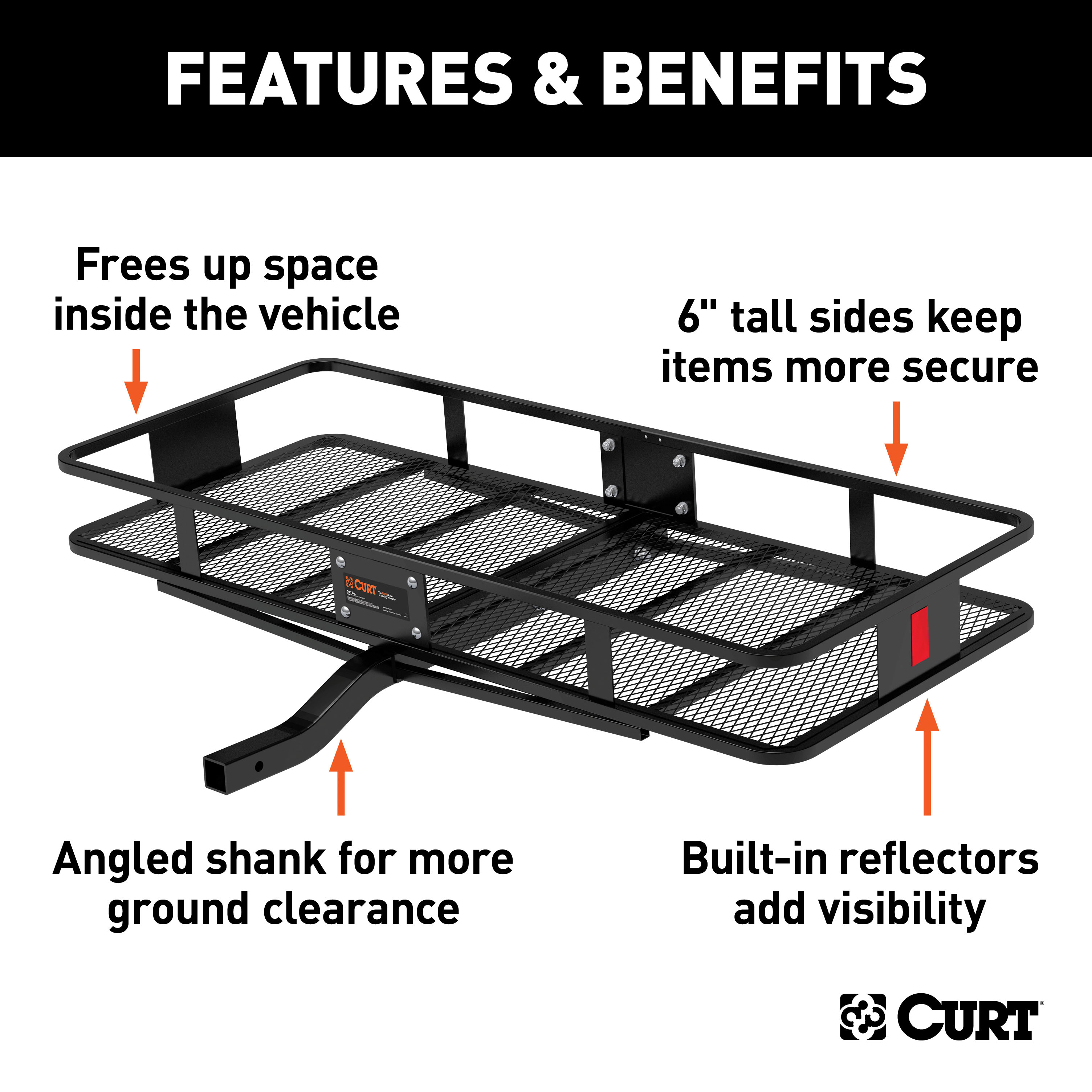 CURT 60" x 24" Black Steel Basket Cargo Carrier (Fixed 2" Shank, 500 lbs.) Receiver Hitch Mounted Cargo Carrier thumbnail 1