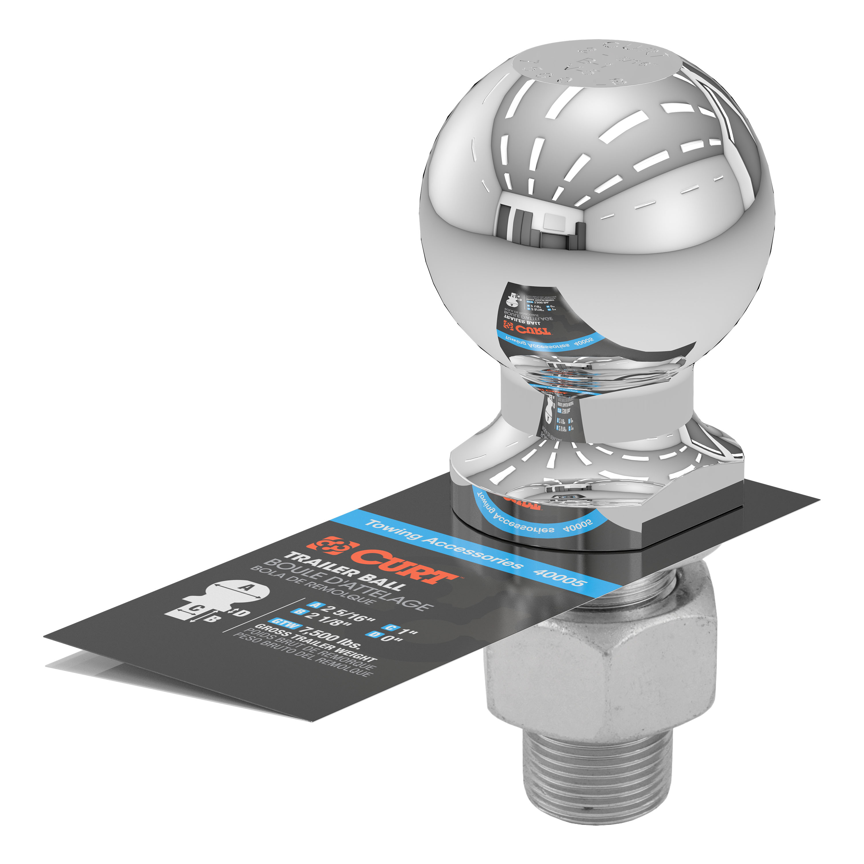 CURT 2-5/16" Trailer Ball (1" x 2-1/8" Shank, 7,500 lbs., Chrome) Trailer Hitch Ball thumbnail 2