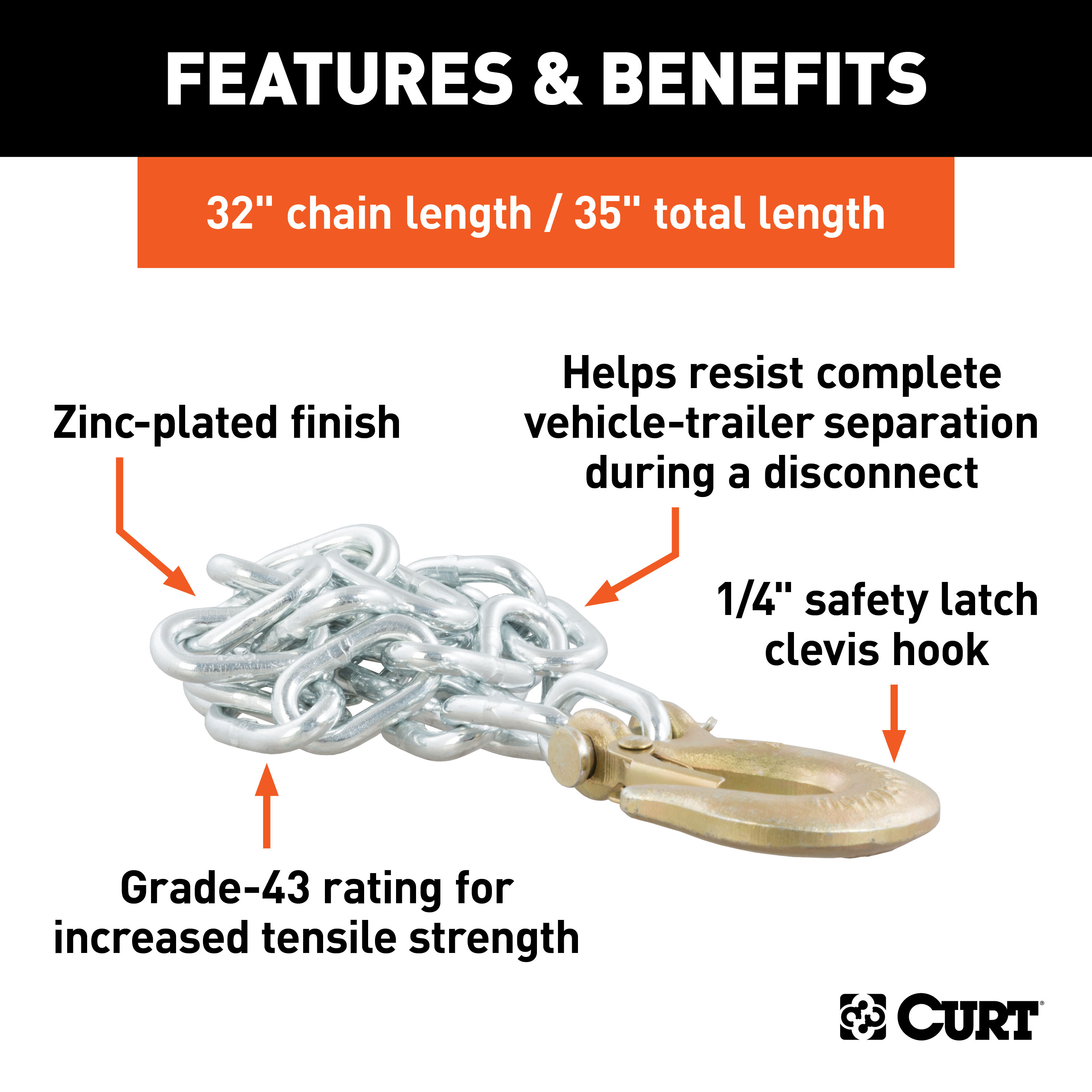 CURT 35" Safety Chain with 1 Clevis Hook (7,800 lbs, Clear Zinc) Trailer Hitch thumbnail 3