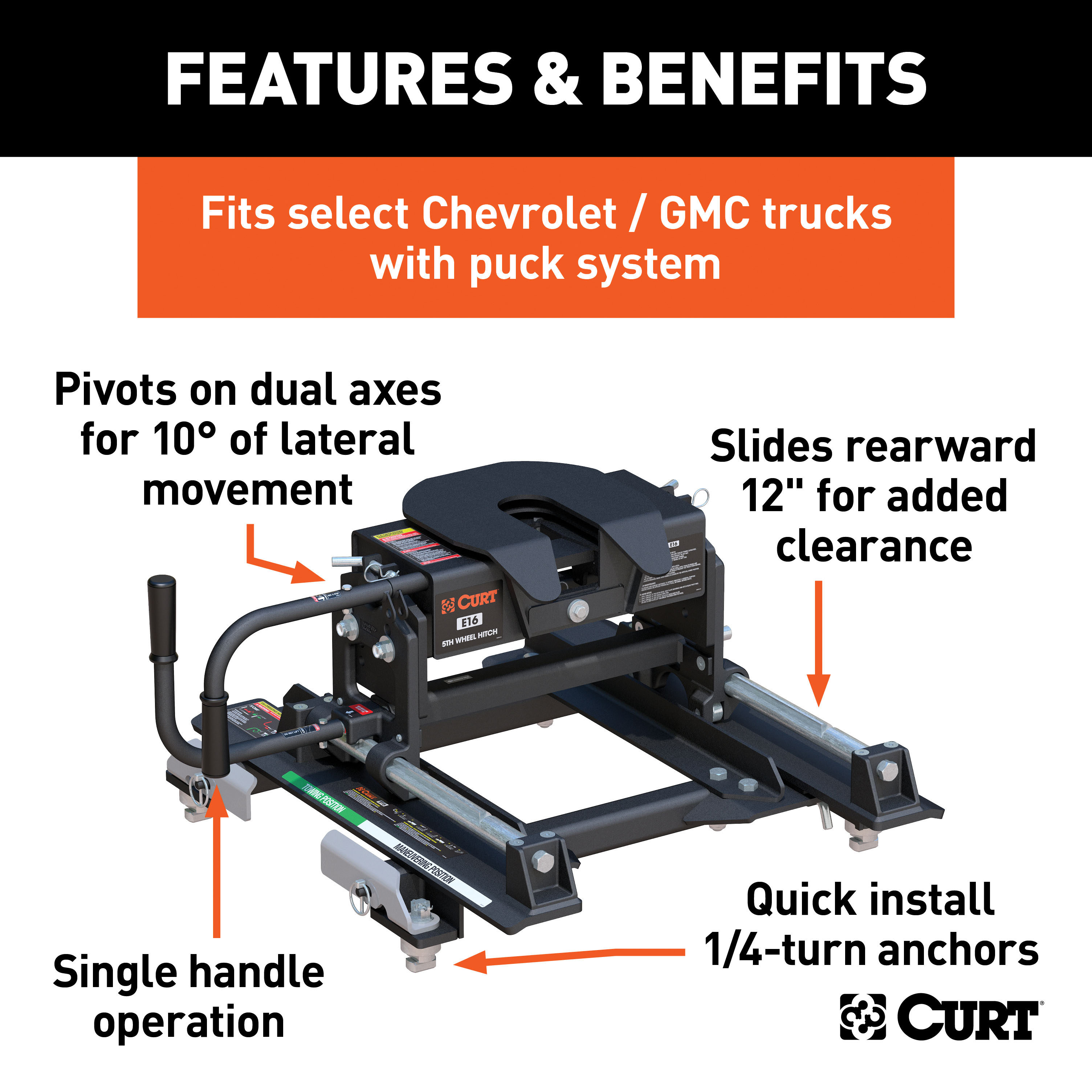 CURT 16K, E16 Sliding 5th Wheel Hitch, 16K, Select Silverado, Sierra, 6.5' Bed Puck System thumbnail 1