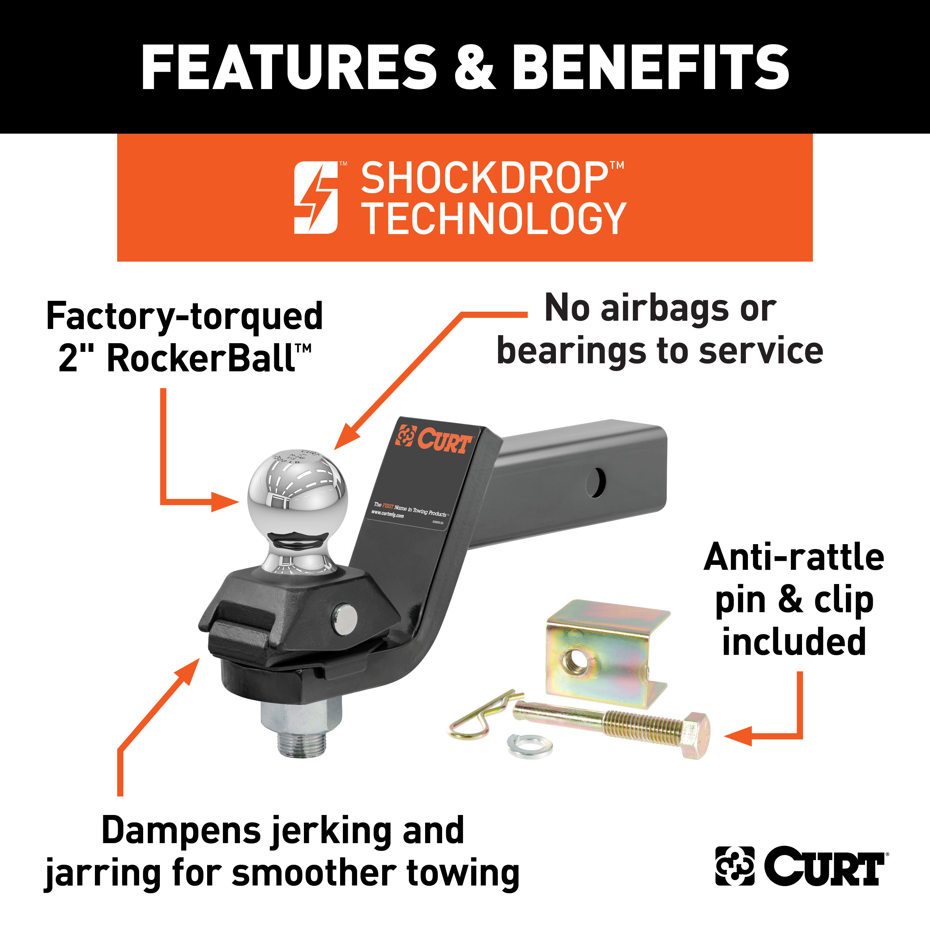 CURT RockerBall Cushion Hitch with 2" Ball (2" Shank, 7,500 lbs., 3" Drop) Trailer Hitch Ball thumbnail 1