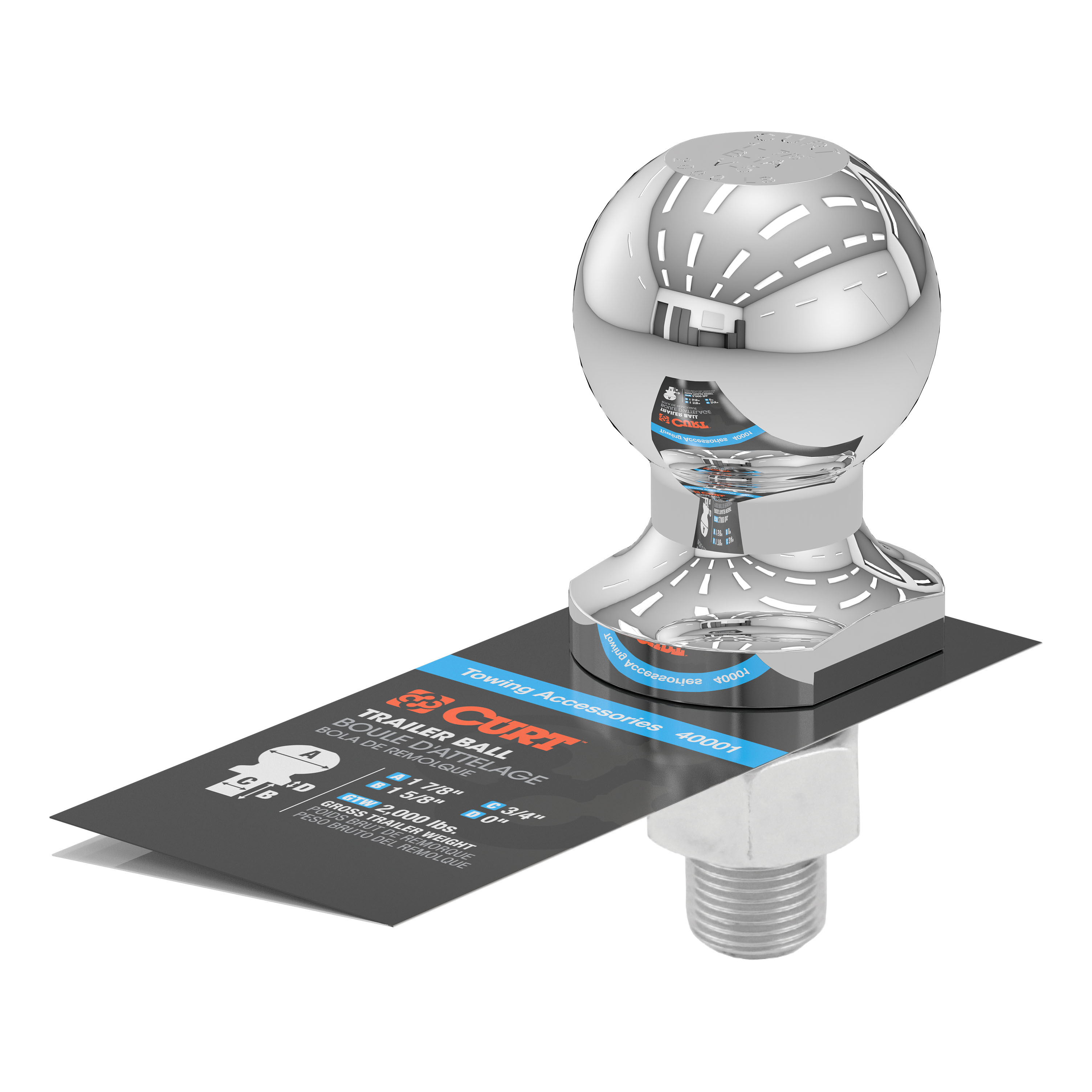 CURT 1-7/8" Trailer Ball (3/4" x 1-5/8" Shank, 2,000 lbs., Chrome) Trailer Hitch Ball thumbnail 2